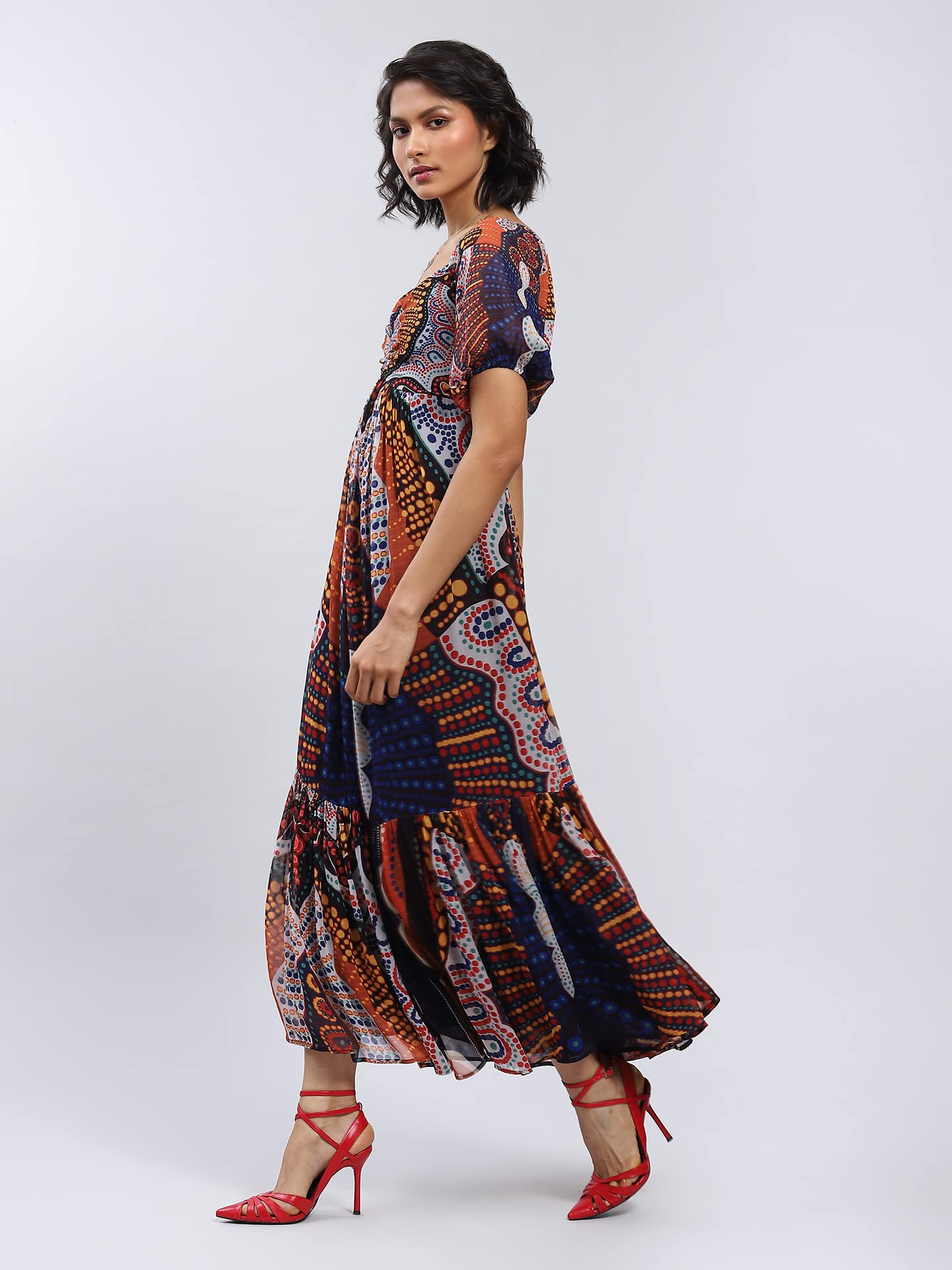 Label RITU KUMAR Sweetheart Neck Printed Long Dress Black