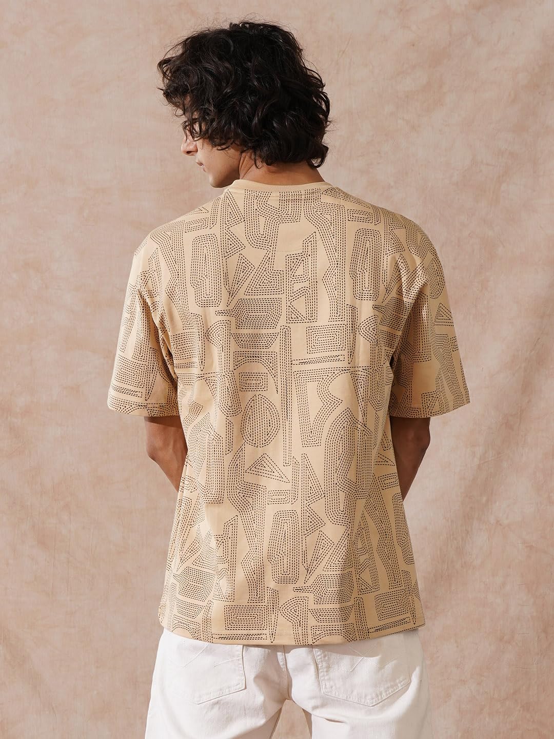 WROGN Men's 100% Cotton T-Shirt | Tonal All Over Print | Oversized Fit | Beige | M