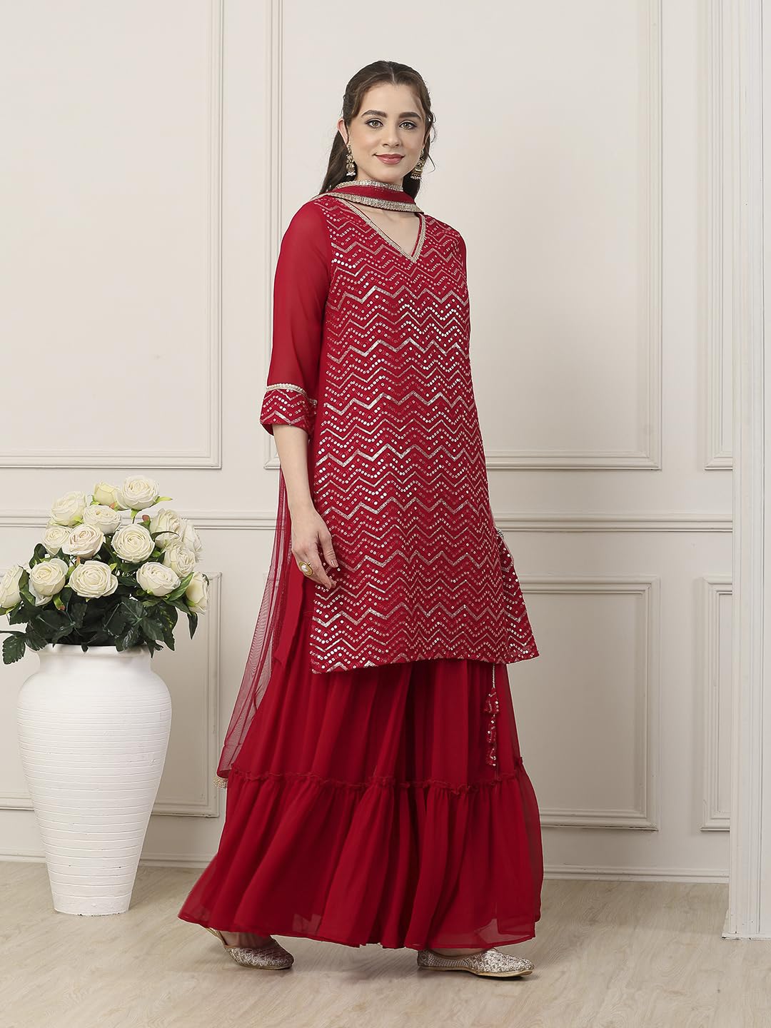Biba Women Red Polyester Straight Embroidered Sharara Suit Set_42