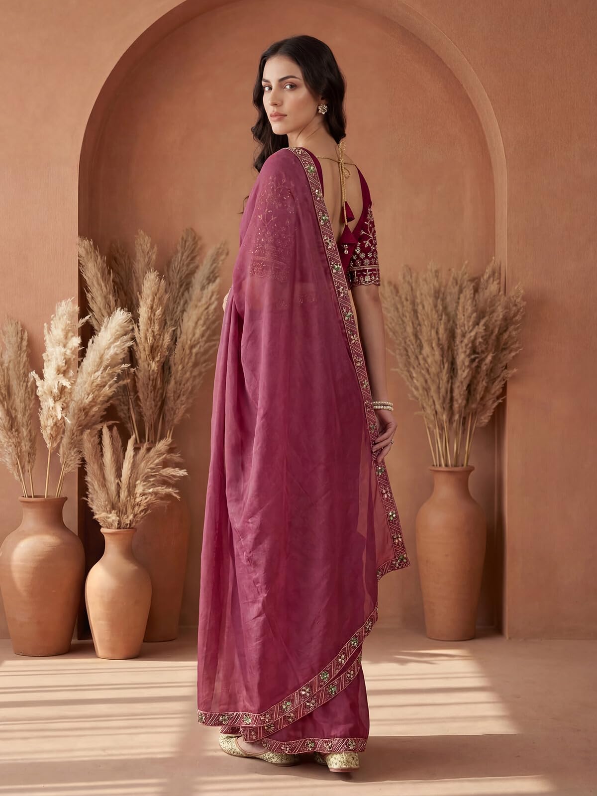 SIRIL Women's Shimmer Georgette Embroidery Saree with Unstitched Blouse Piece (4999S764A_Dusty Rose Pink)