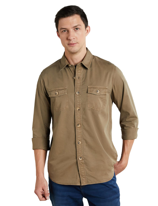 Symbol Premium Men's Casual Washed Cotton Twill Shirt (Regular Fit) (Khaki_L)