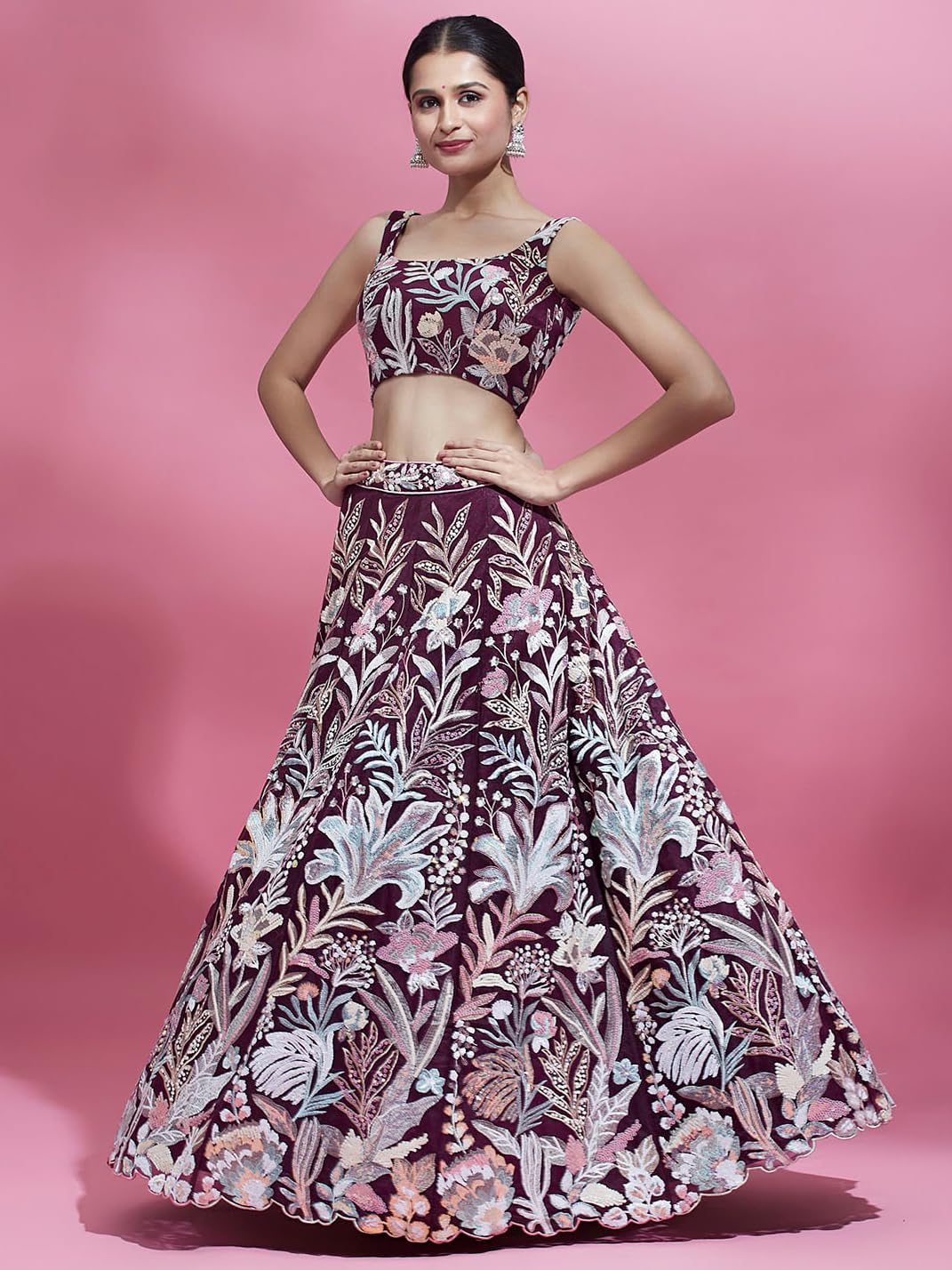 Zeel Clothing Women's Net Sequins Embroidered Soft Net Semi Stitched Lehenga Choli With Dupatta (6032-Wine-Wedding-Stylish-Lehenga-Choli-Latest; Free Size), Multicolor