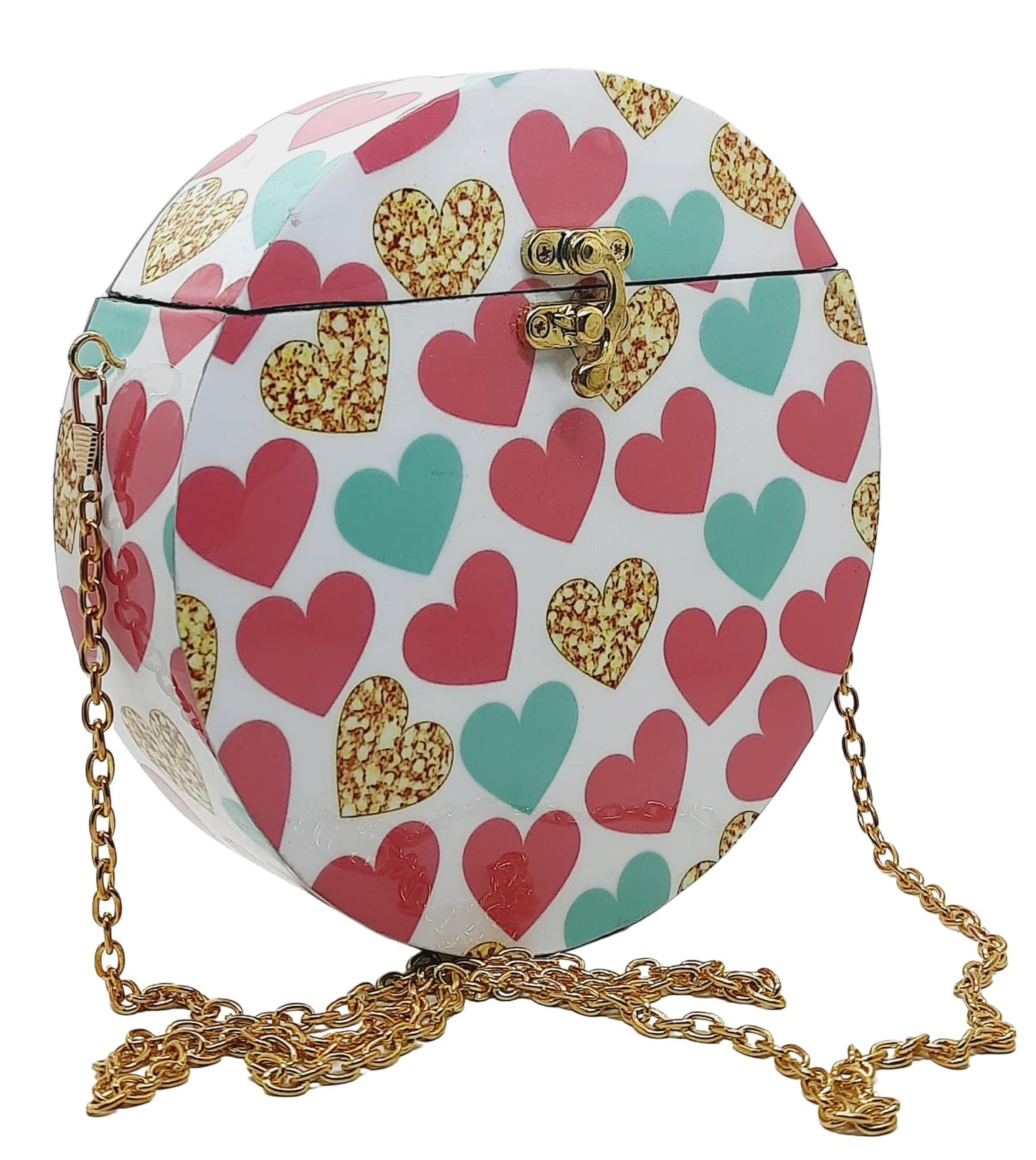 Trend Overseas Women's Handmade Wooden Printed Round Ethnic Clutch Bag/Bridal Purse/Handbag_Crossbody Sling Bags for Party (7.5 Inch) (Pink Heart)