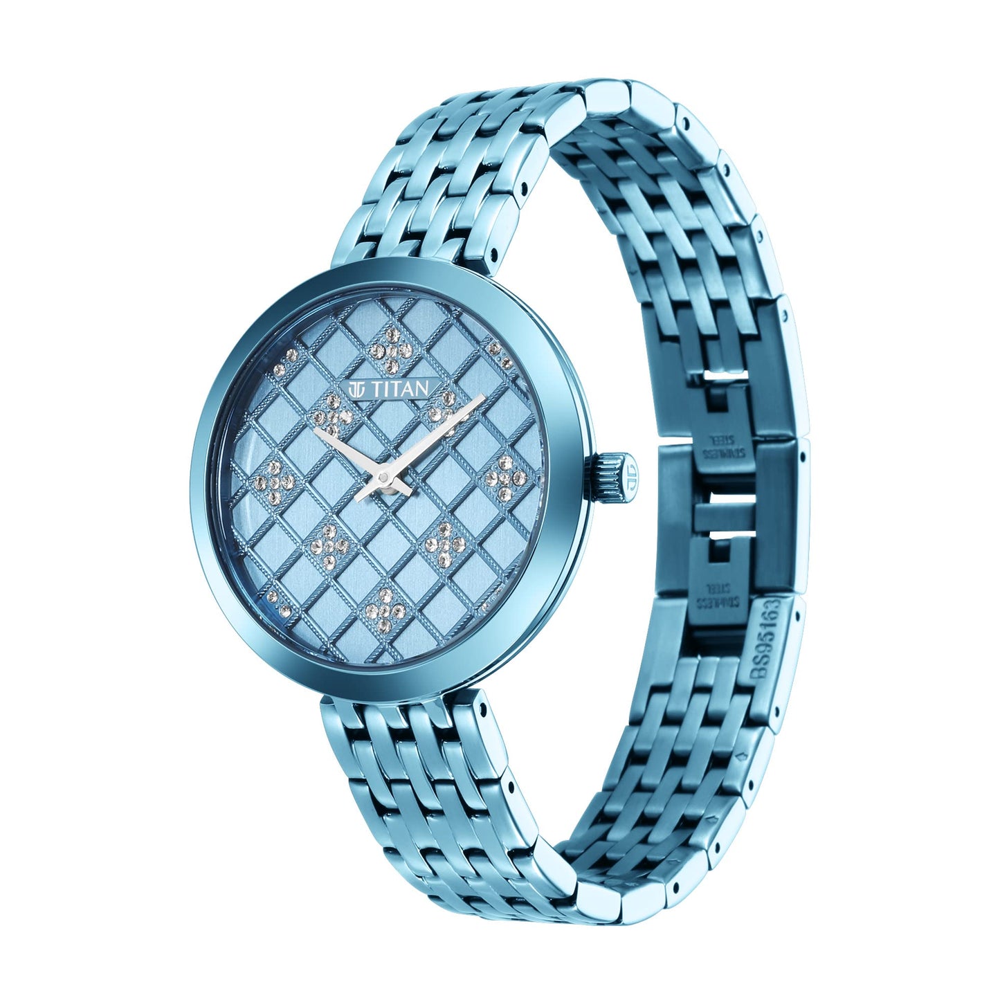 Titan Quartz Analog Blue Dial Stainless Steel Strap Watch for Women-NS95163QM02