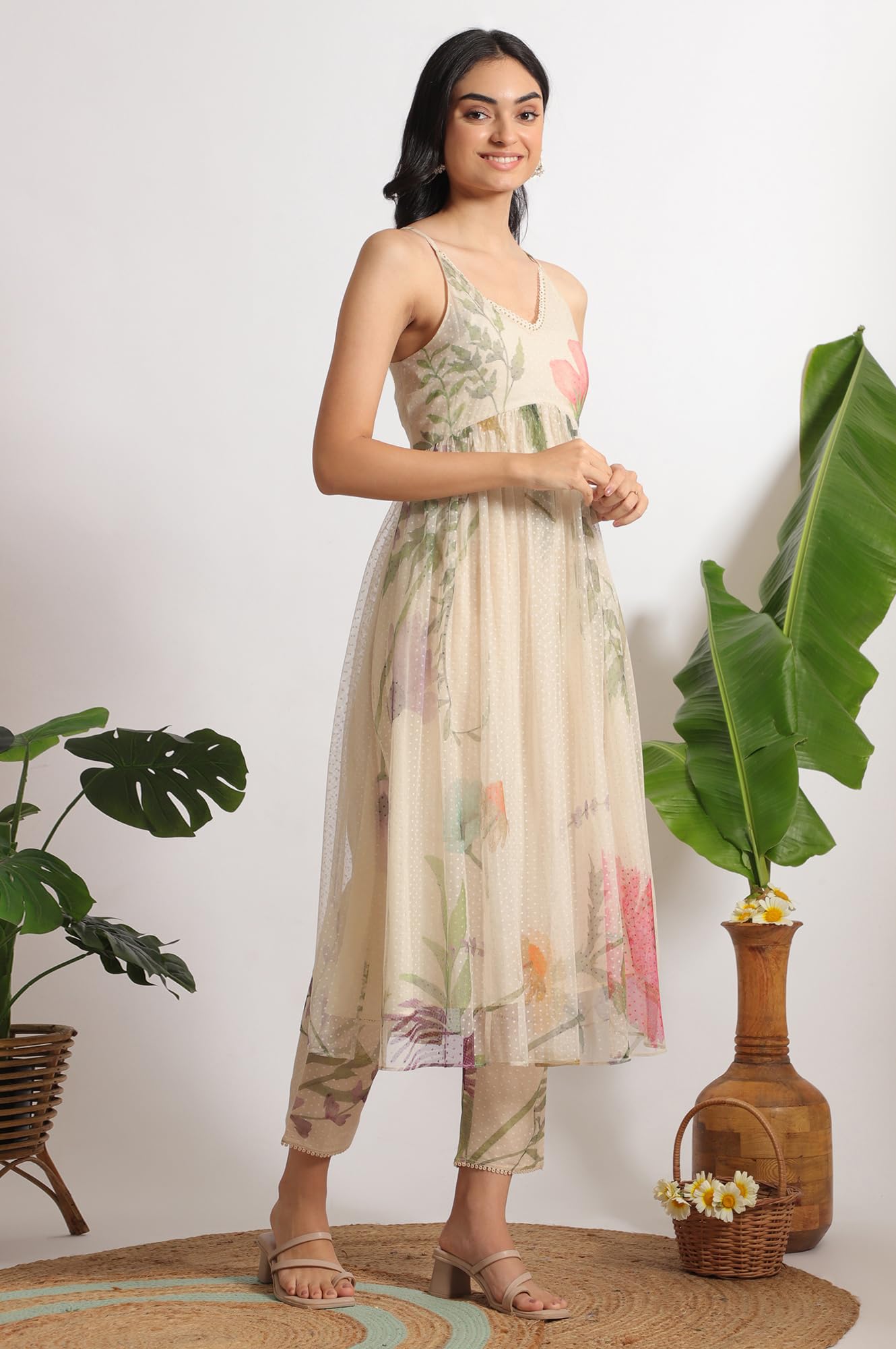 W for Woman Light Beige Floral Printed Swiss Dot Net Spaghetti Flared Kurta, Pants and Dupatta Set (Size: XL)-WS12397-125754