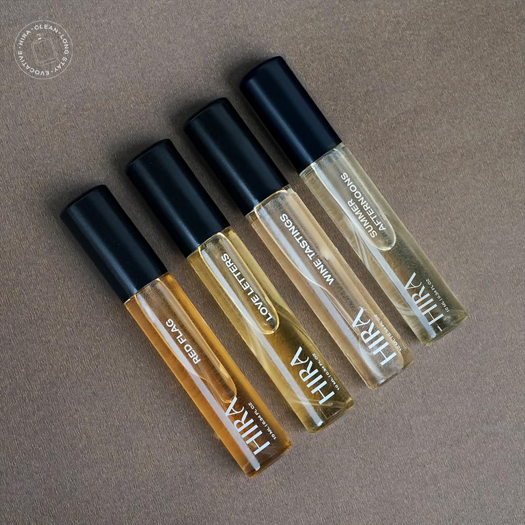 HIRA Discovery Set for Women, 4 x 10ml Premium Fragrances, Summer Afternoon, Wine Tastings, Love Letters, Red Flag