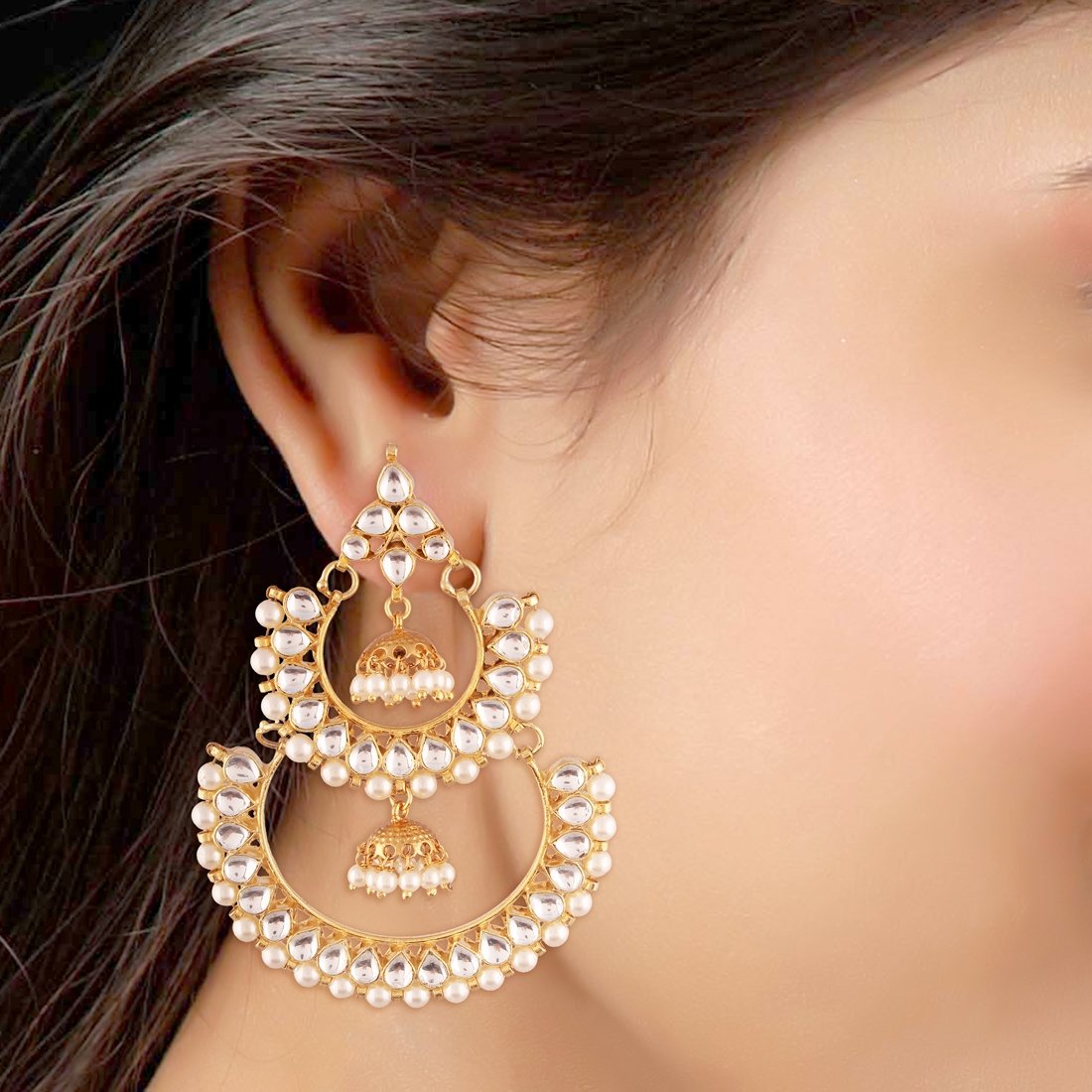 Accessher Traditional Gold Plated Dangle Earrings with Jadau Kundan, Pearl Chandbali, and Jhumki for Women and Girls