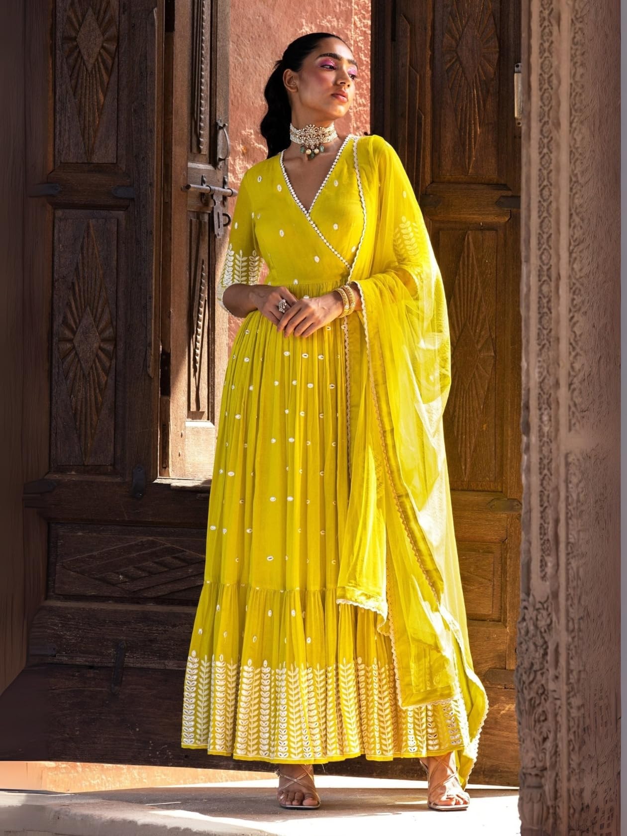 Radiant Yellow Angrakha Anarkali in Pure Cotton with Intricate Thread and Mirror Embroidery