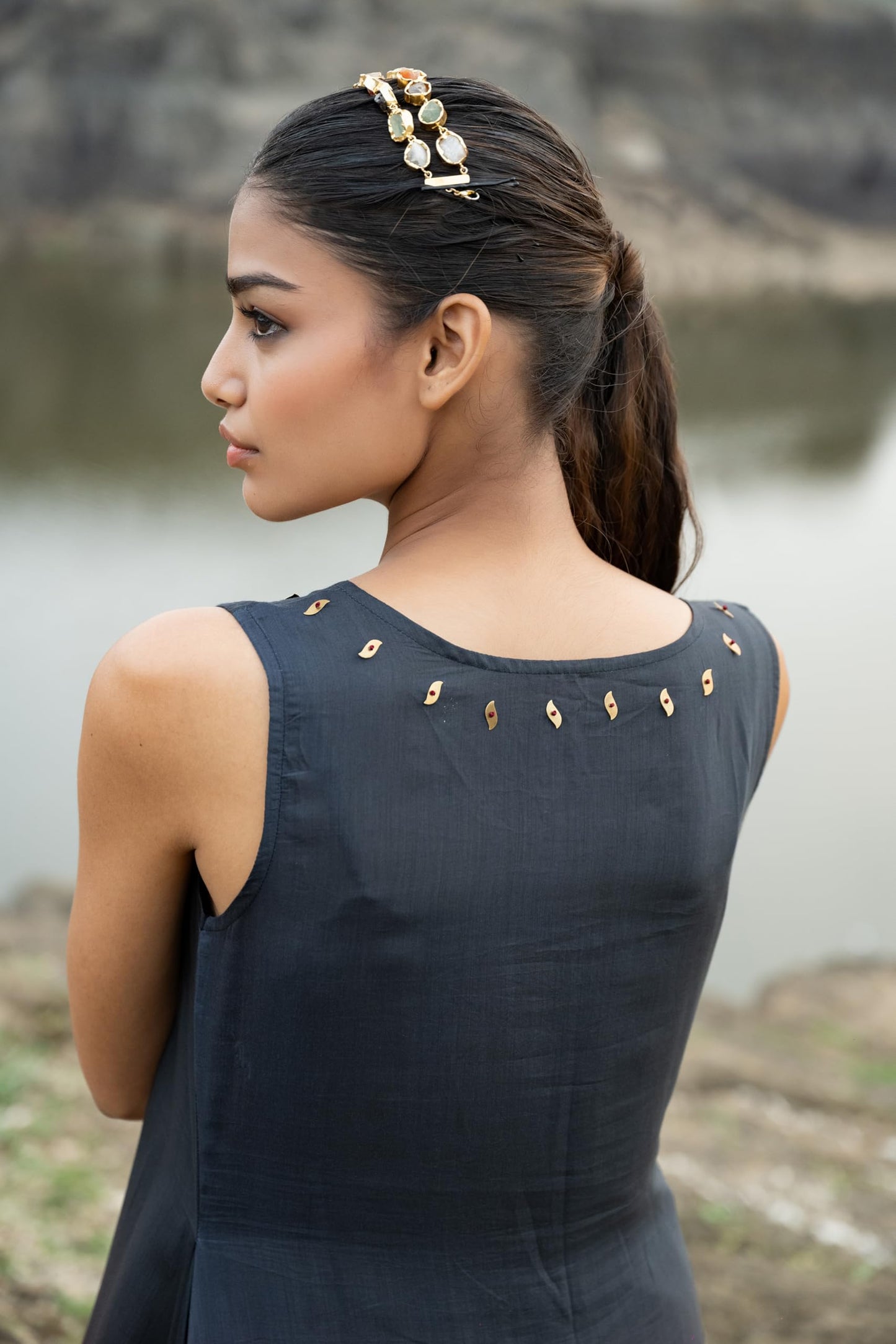 MIORAH Artisanal Ethnic Dress for Women & Girls,Muslin Modal Regular Fit One Piece Dress for Women’s, Sleeveless Round Neck Midi Dress with Hand Embroidery and Metal Sequins (Colour- Ombre, Size- 3XL)