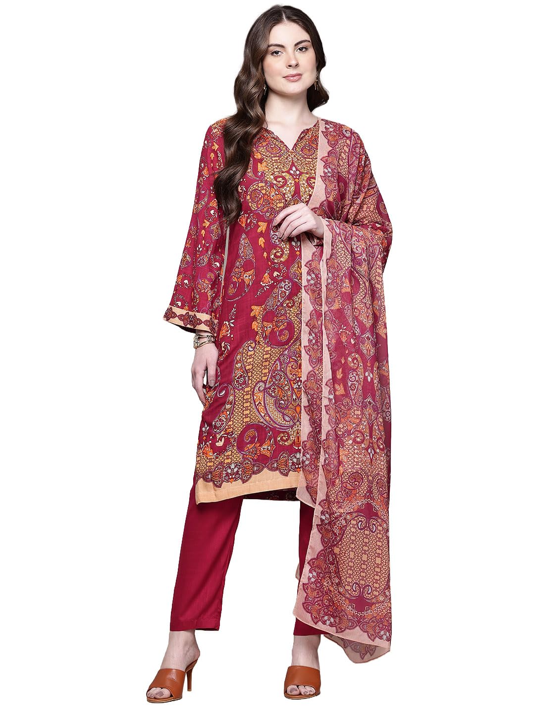 Aarke Ritu Kumar Maroon Dandelion Round Neck Kurta With Pant And Dupatta
