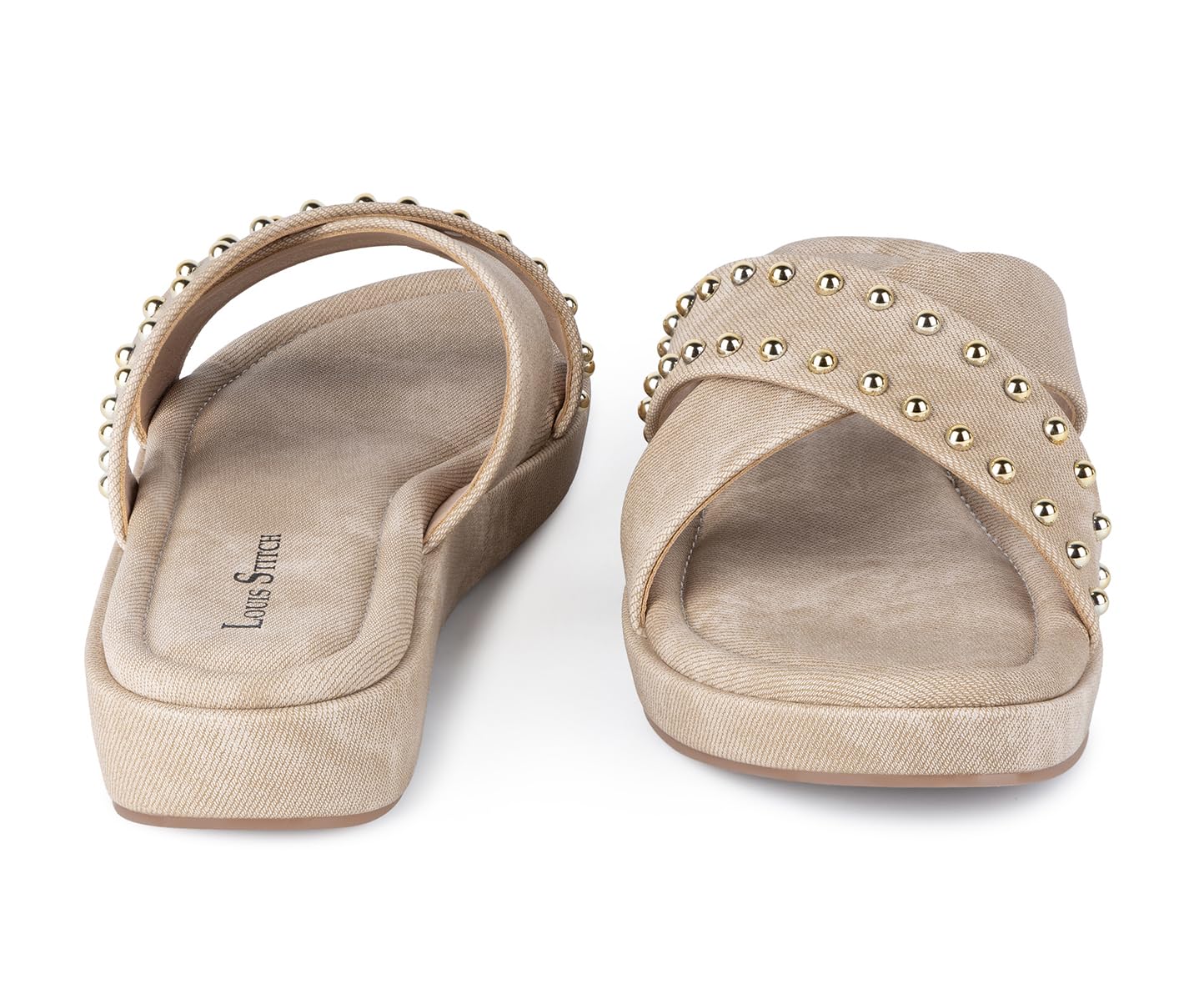 LOUIS STITCH Women's Stylish Beige Flat Sandals with Cross Strap & Beaded Embellishments – Perfect for Office | LSOF-LDSL-BDCSBG