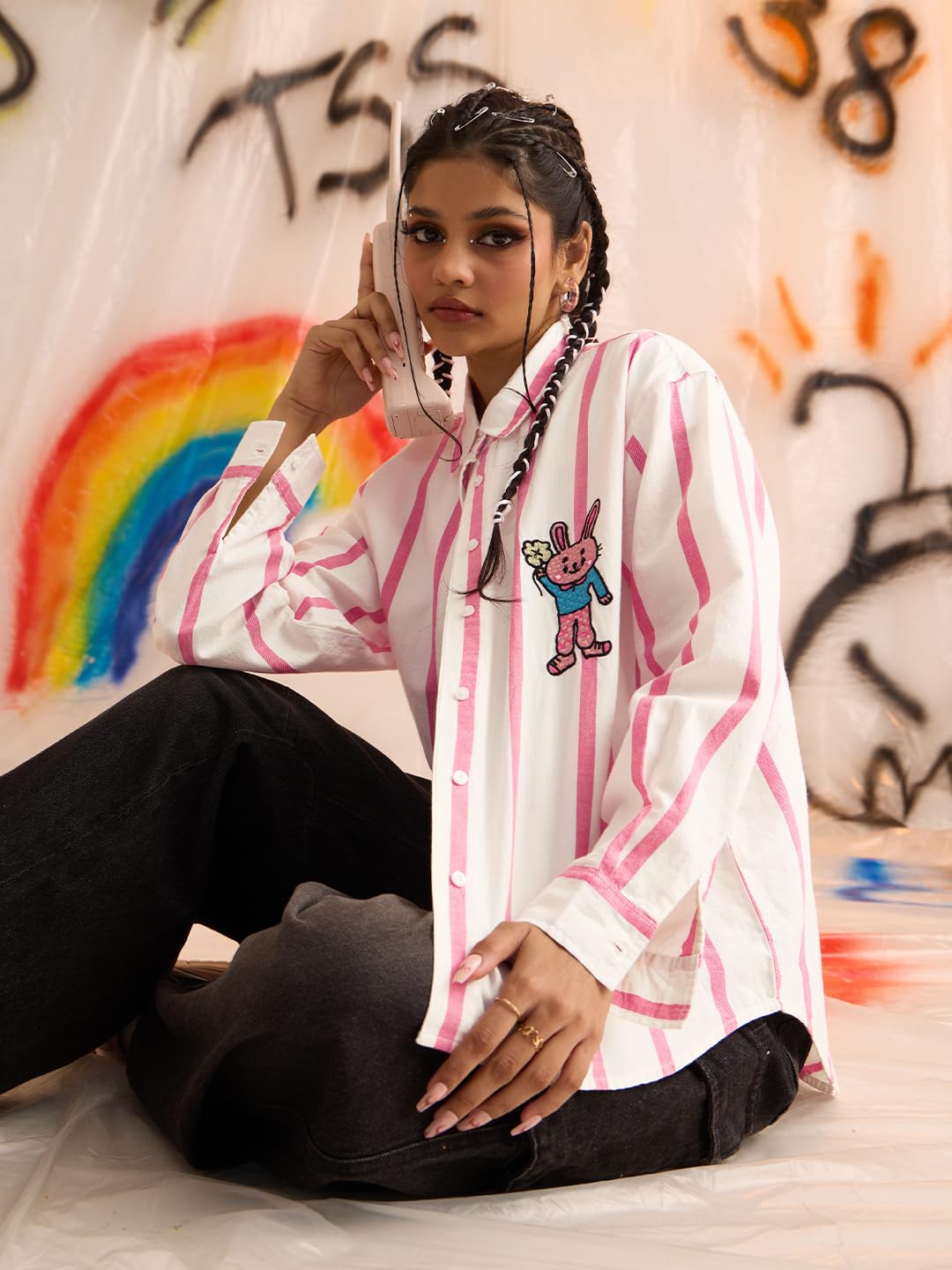 The Souled Store Pink Stripes: Clover Bunny Women and Girls Long Sleeves Spread Collar Button Front Striped Embroidered Cotton Oversized Fit Lightweight Comfortable All-Season Boyfriend Shirt