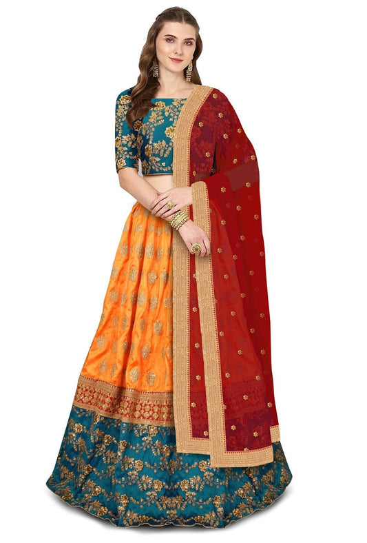 Zeel Clothing Women Faux Silk Lehenga Choli Semi-Stitched Green & Yellow Free Size