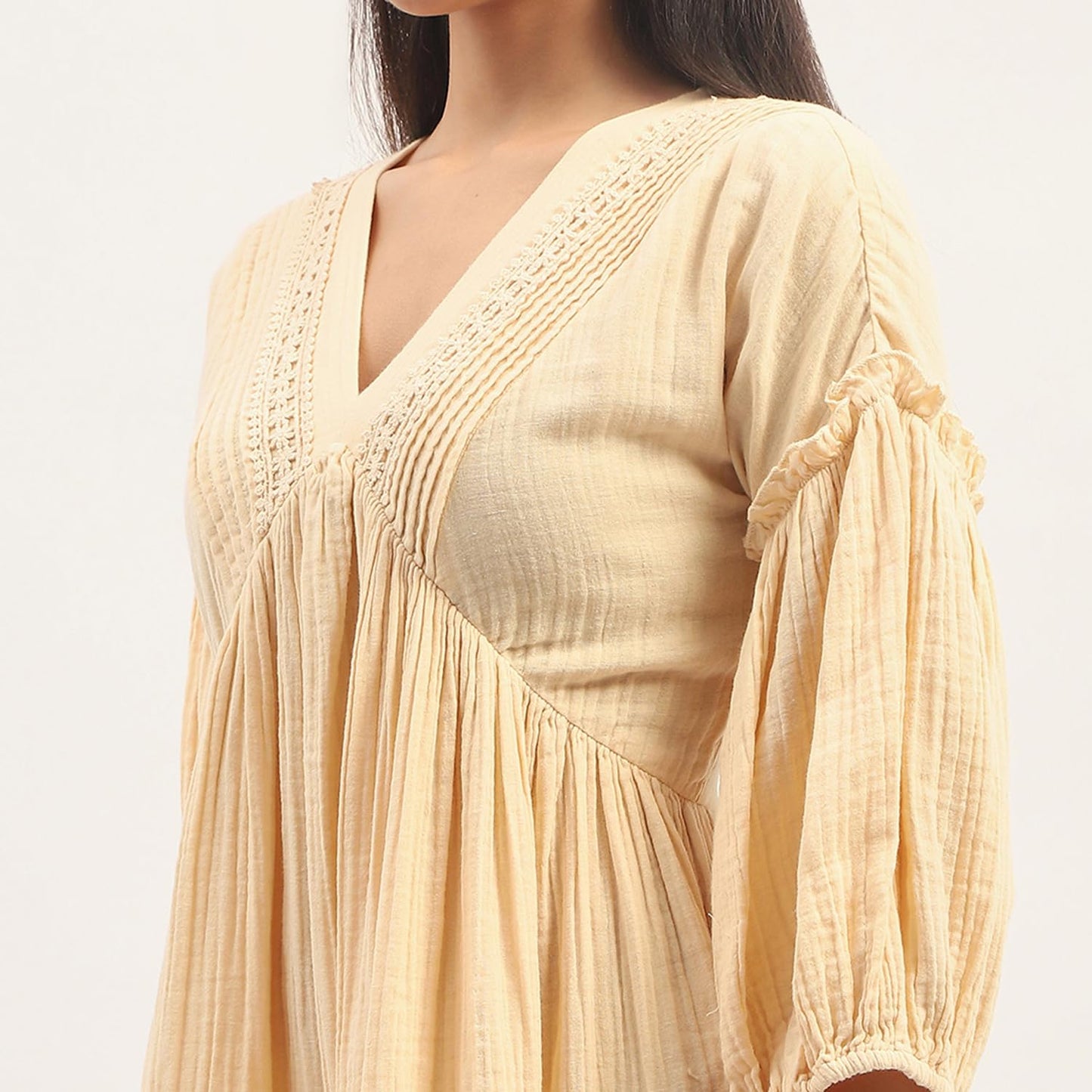 Madame Puff Sleeve Fit and Flare Cotton Beige Midi Dress