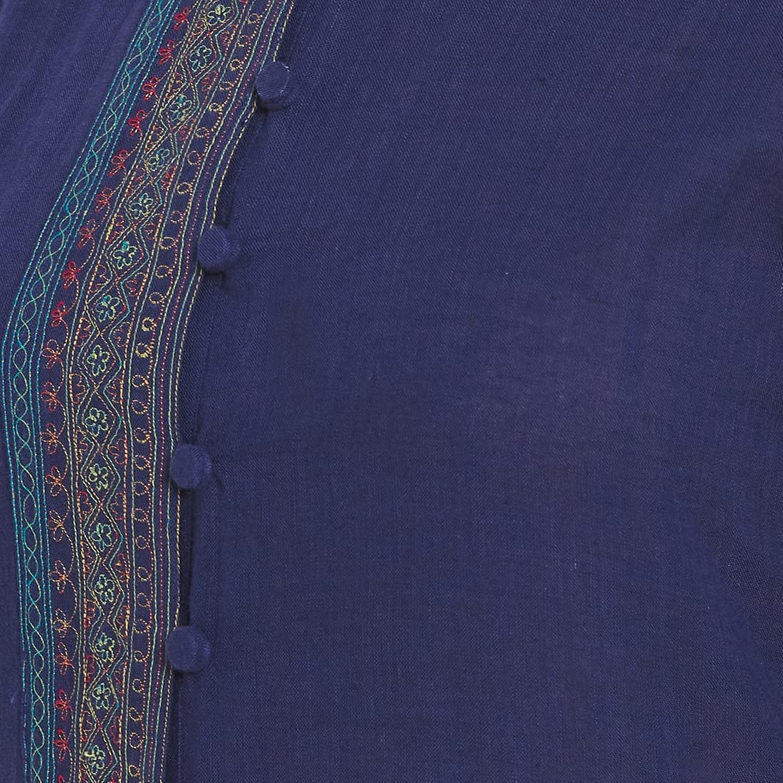 Fabindia Women Round Neck Placket Medium Kurta Cotton_L Navy Blue