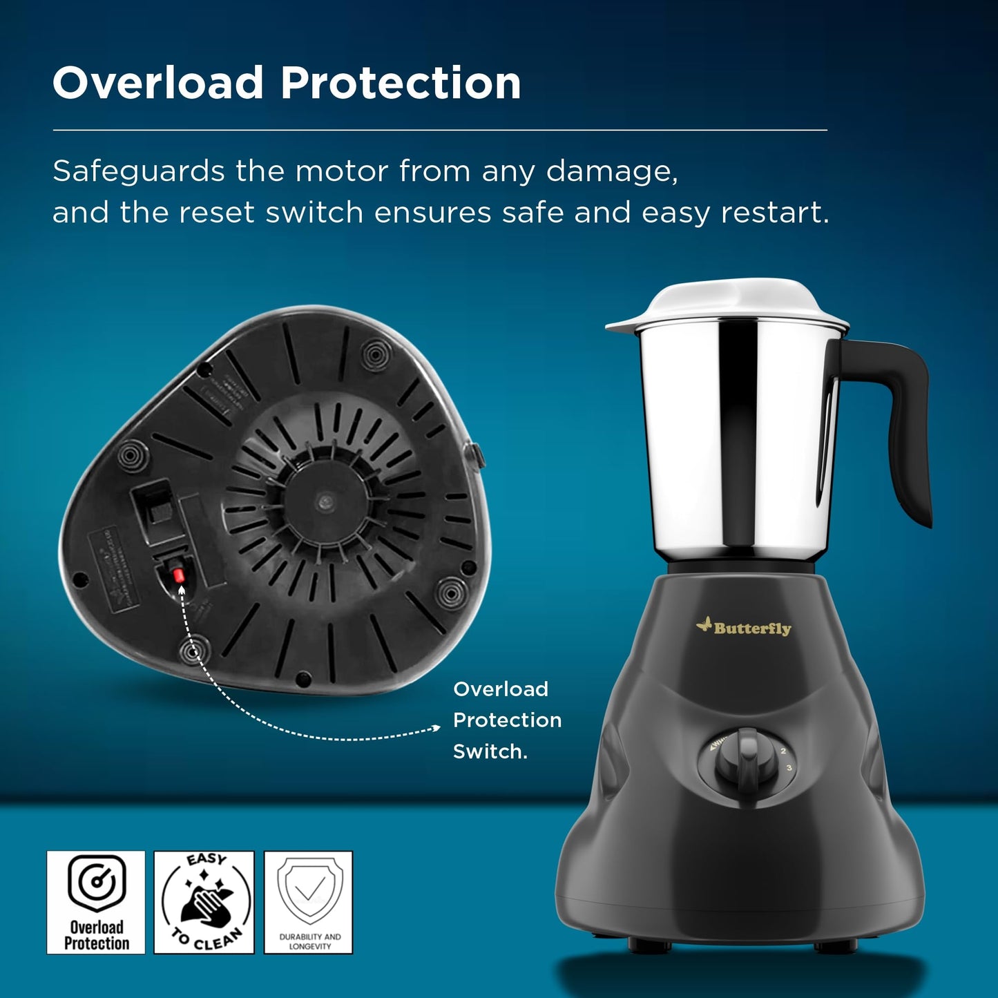 Butterfly Hero 500 Watts Mixer Grinder with 3 Jars | Stainless Steel Multipurpose Jars | ABS Body | Motor Overload Protection | 1 Year Manufacturer's Warranty | Grey