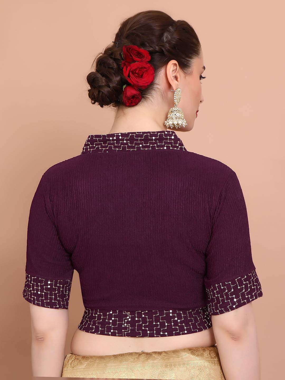 SALWAR STUDIO Wine Stretchable V Neck Non Padded Readymade Saree Blouse - to Fit Bust 32" to 38" Inches