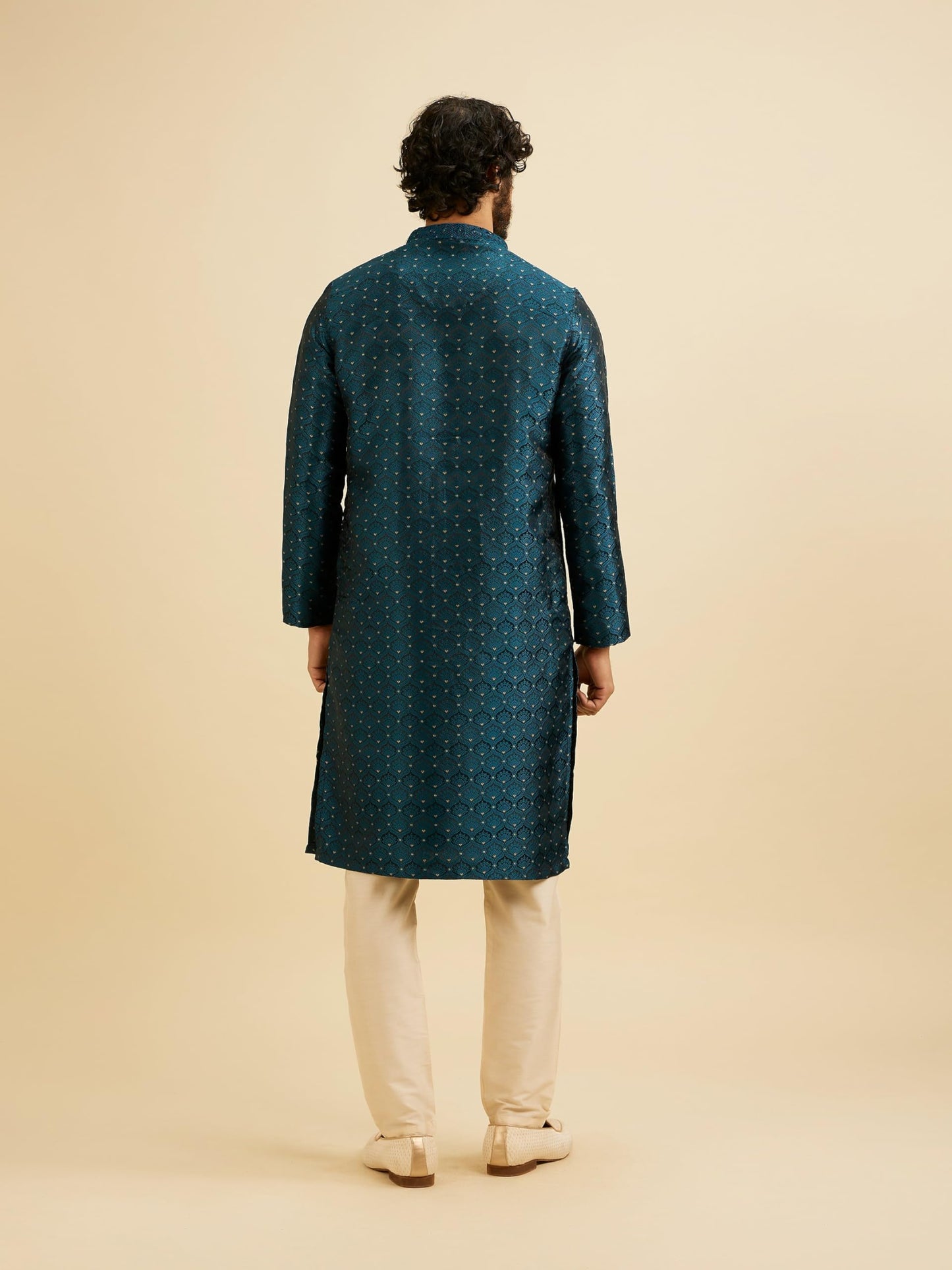 Manyavar Men's Brocade Self Design| Stone Work Kurta Set (Blue,L)