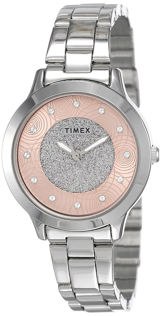 TIMEX Analog Watch for Women with Pink Round Dial & Silver Stainless Steel Bracelet Band Water Resistant Women's Wrist Watches - TW000T613