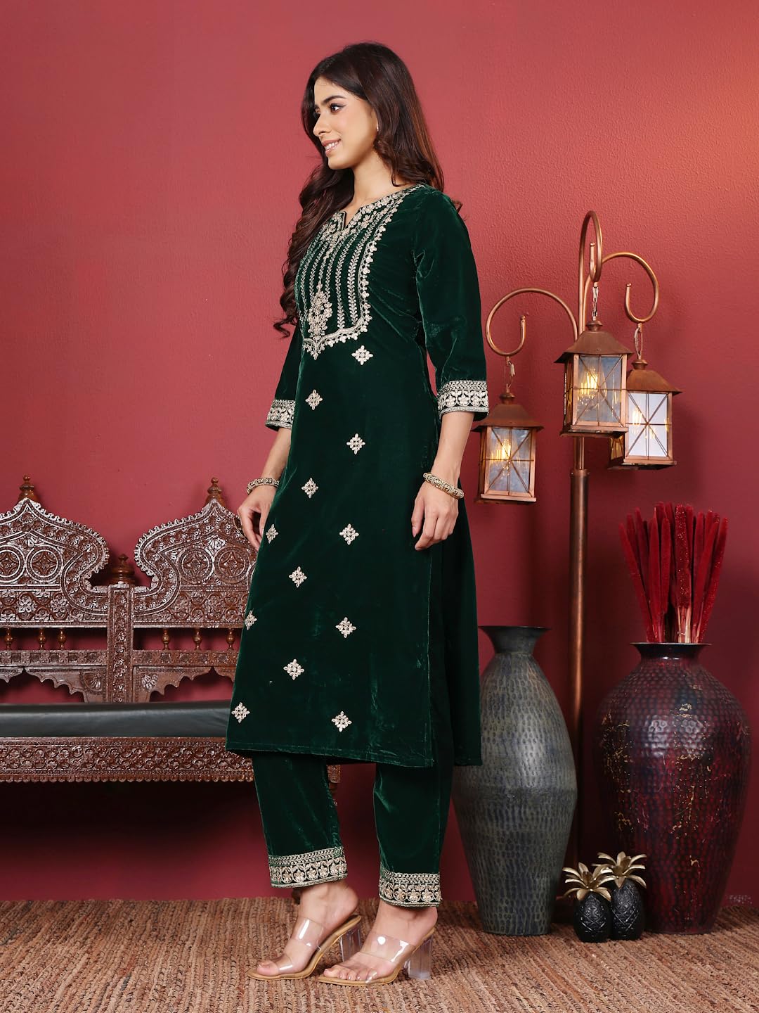 Varanga Women Green Velvet Round Neck Yoke Embroidered Straight Kurta Paired With Tonal Bottom And Embroidered Dupatta With Four Sided Fringes