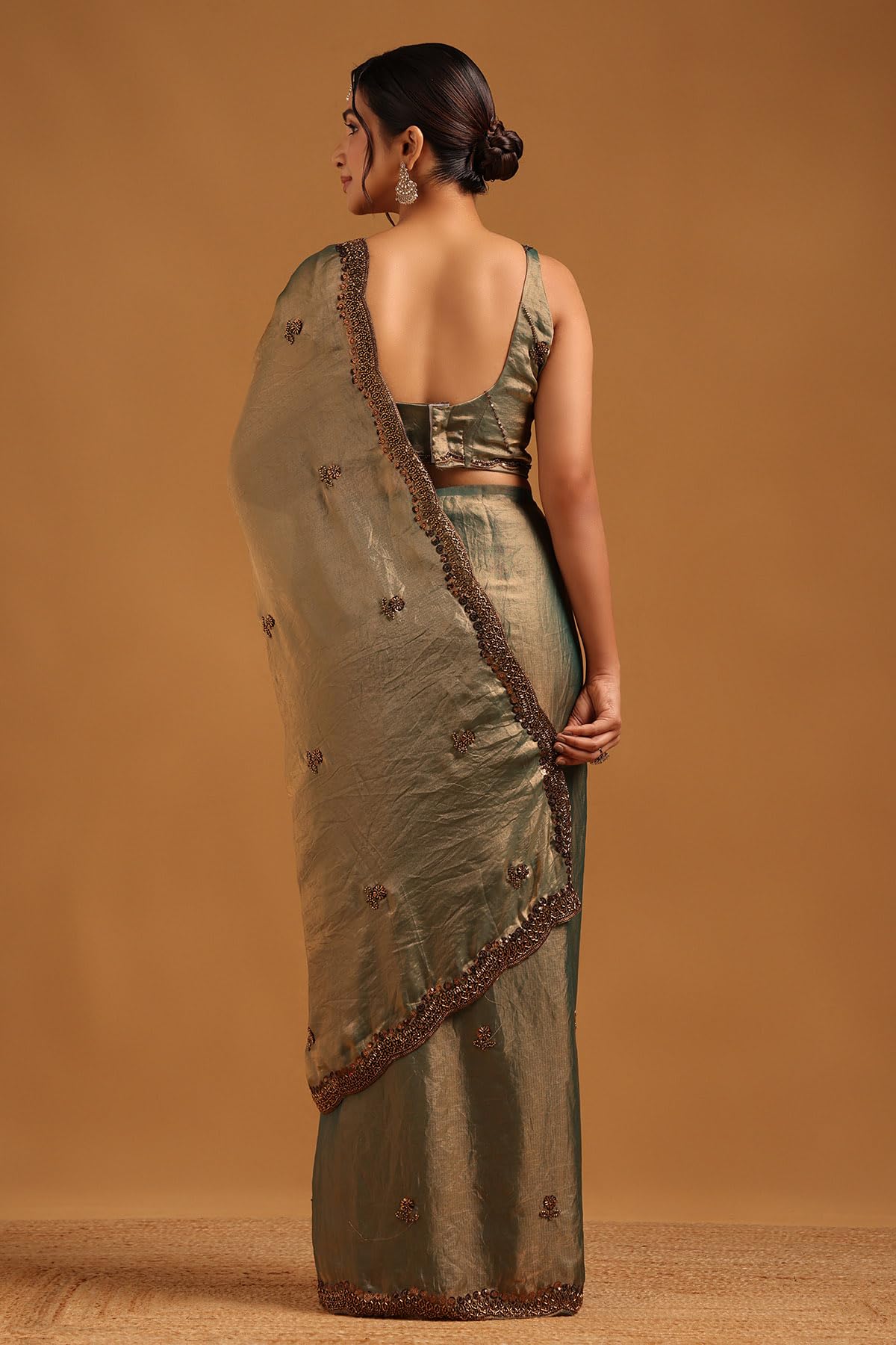 Soch Womens Teal Fendy Organza Floral Saree With Cutdana