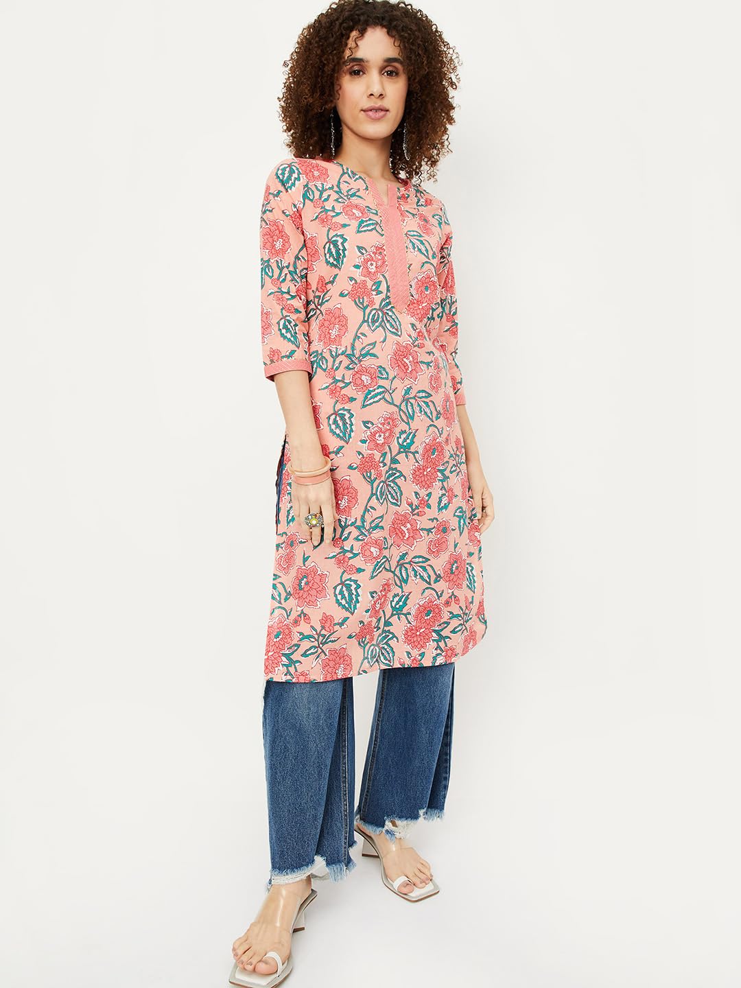 Max Women Cotton Printed Straight Regular Fit Kurta (Pkvi41001Pink)_L