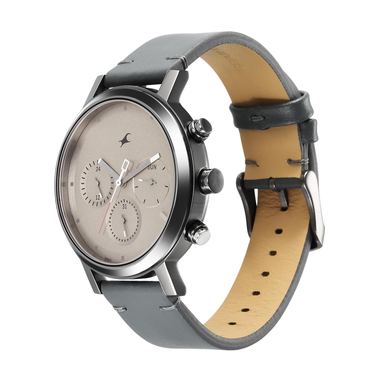 Fastrack Tick Tock Quartz Analog Grey Dial with Grey Leather Strap Watch for Guys-3287KL05