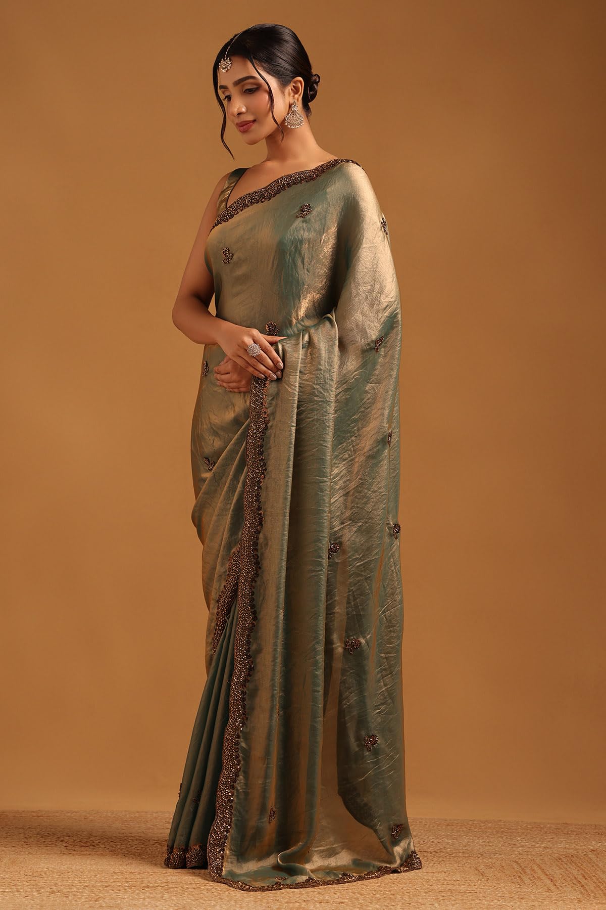 Soch Womens Teal Fendy Organza Floral Saree With Cutdana