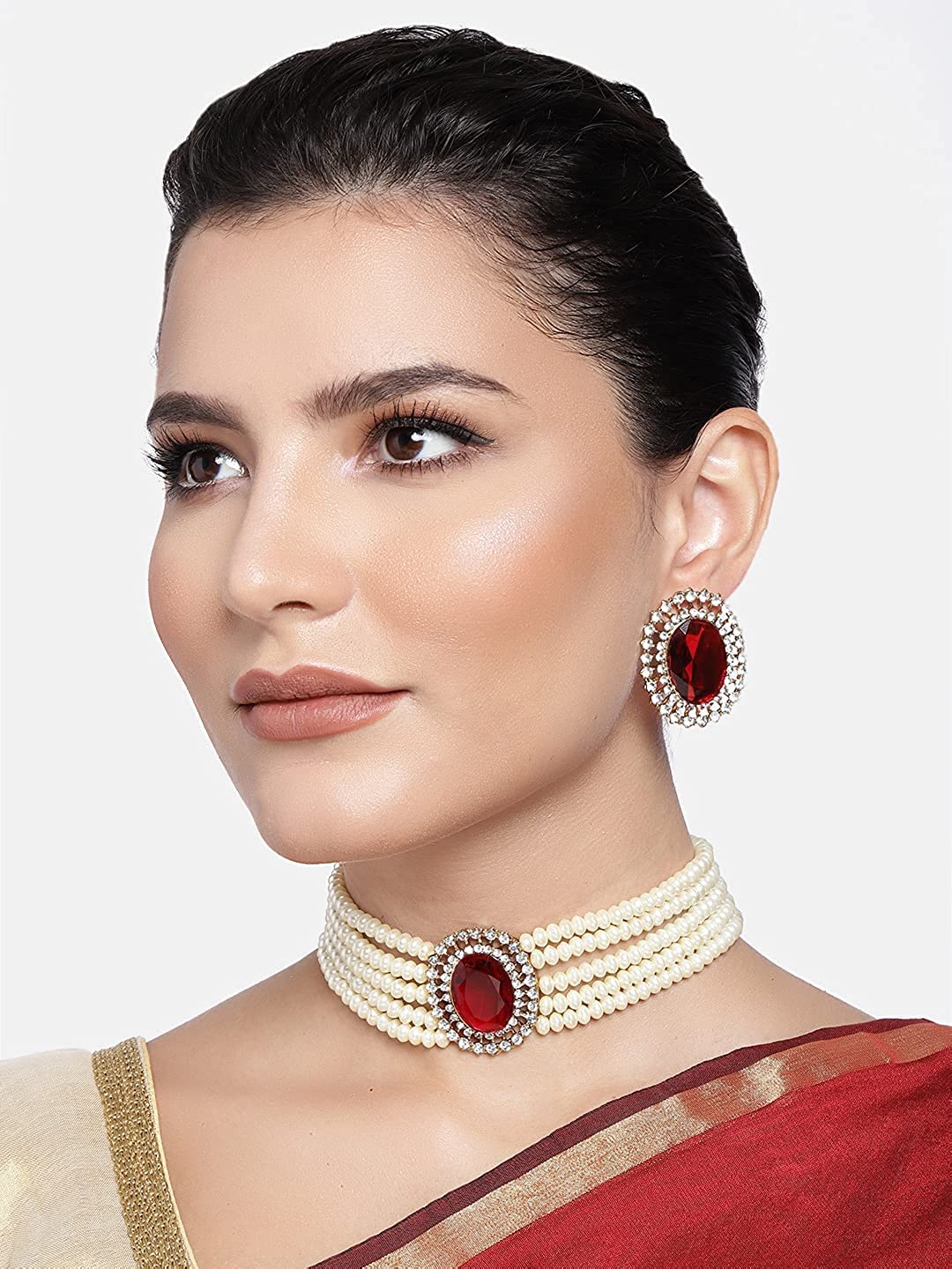 I Jewels Gold Plated Traditional Stone Studded Pearl Choker Necklace Jewellery Set For Women/Girls (ML316M)