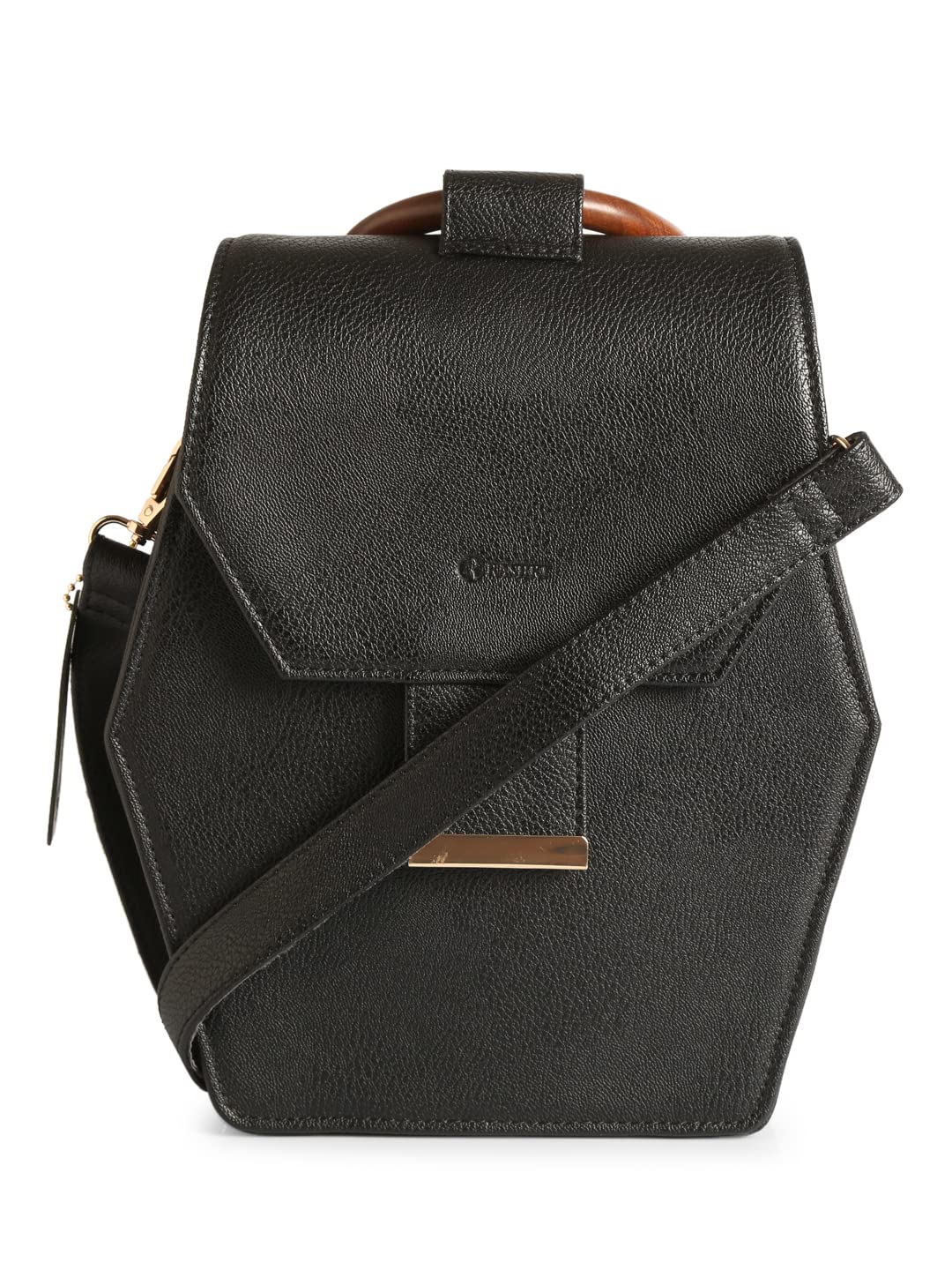 RASHKI ESA BLACK - Womens Vegan Leather Hand Bag | Real Wood Handle | Spacious Compartment | Flip Closure