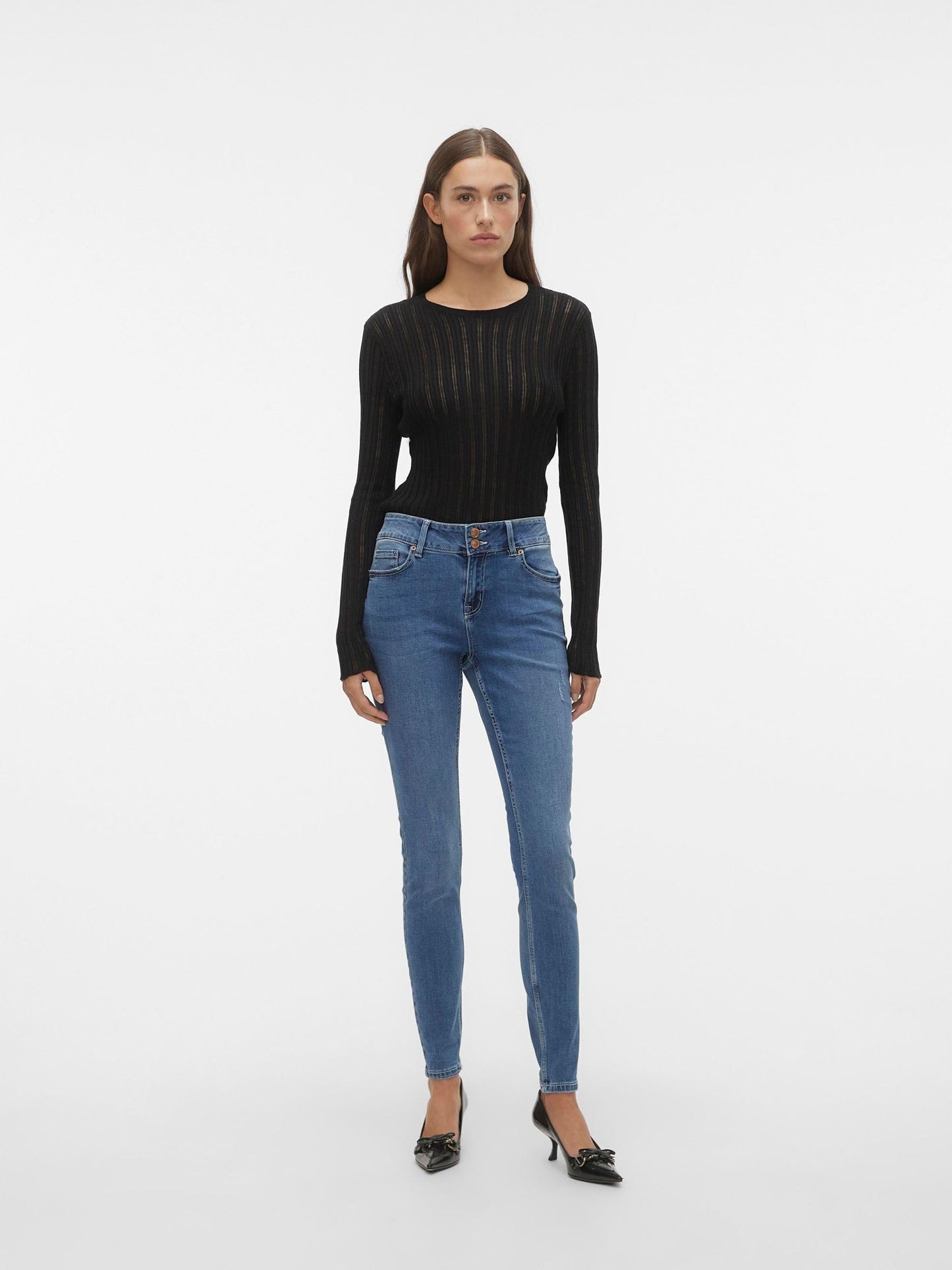 VERO MODA Women Solid Cotton Blend Skinny Fit High Rise Blue Jeans