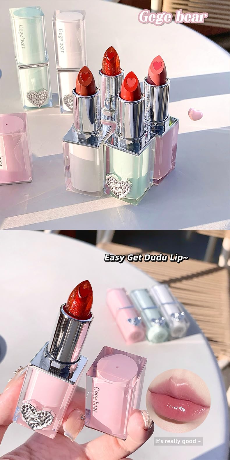 Gege Bear Crystal Clear Love Sandwich Lipstick for Women | Glossy Mirror Shine | Moisturizing, Lightweight & Non-Sticky Formula | Love-Tinted Colors that Glide Like Butter | 6 Irresistible Shades to Steal the Spotlight | (02# Light Rose, 3.8g)