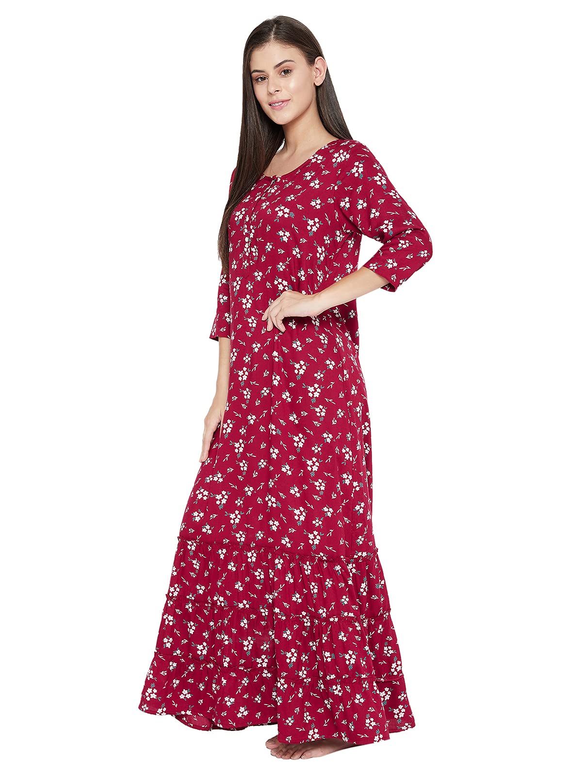 Clovia Women's Cotton Maxi Casual Regular Nightgown (NS1359P09XL_Maroon_XL)