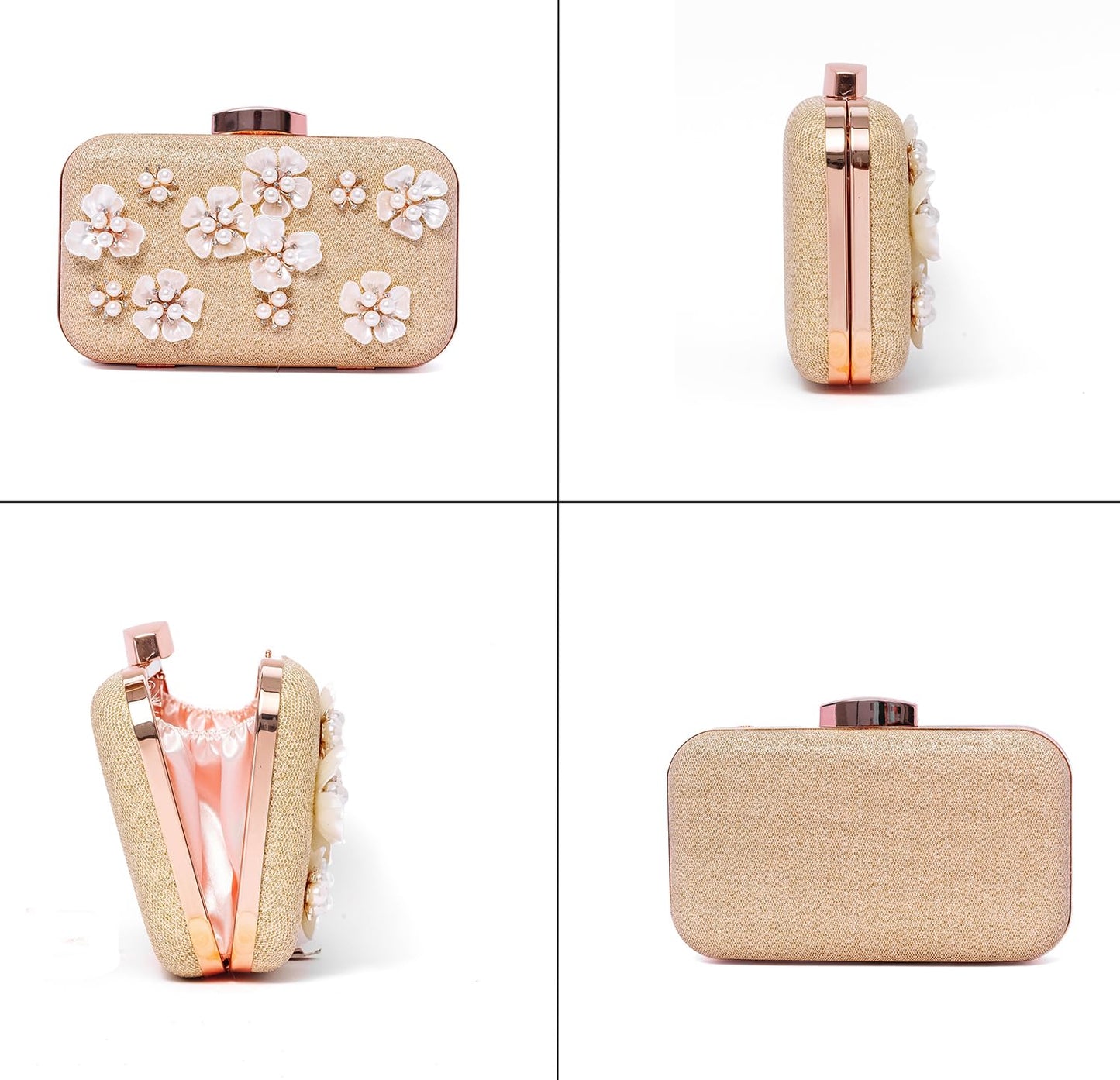 INOVERA (LABEL) Women's Glitter Floral Rhinestone Beaded Evening Party Clutch Wedding Bag Wallet (Rose Gold)