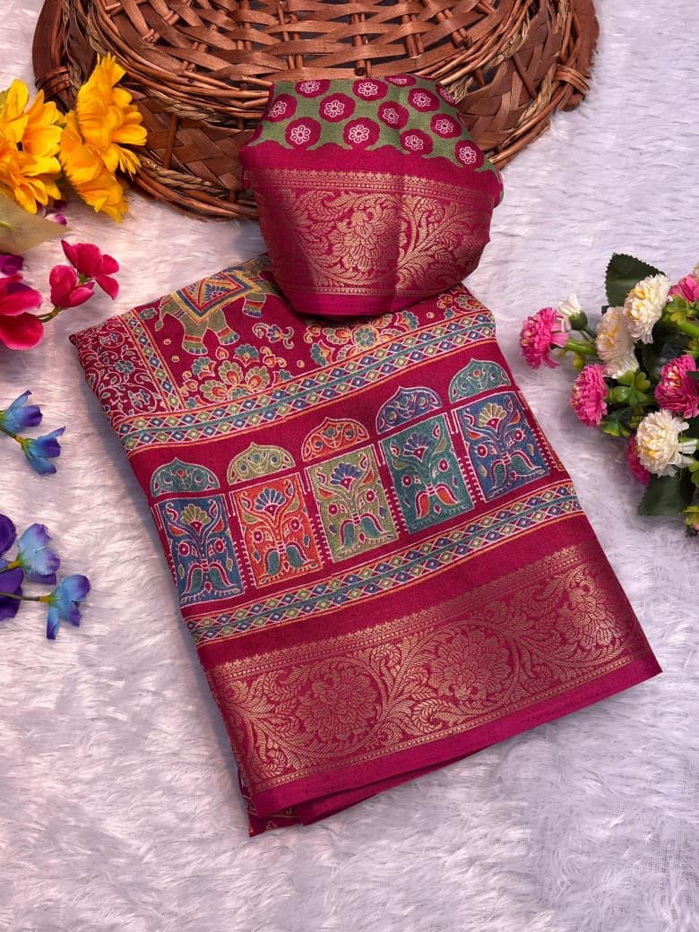 BRAHMAKHODAL Dola Silk Saree All Over Solid Plain Soft Zari Weaving Beautiful Border And Pallu With Blouse Piece (Red2)
