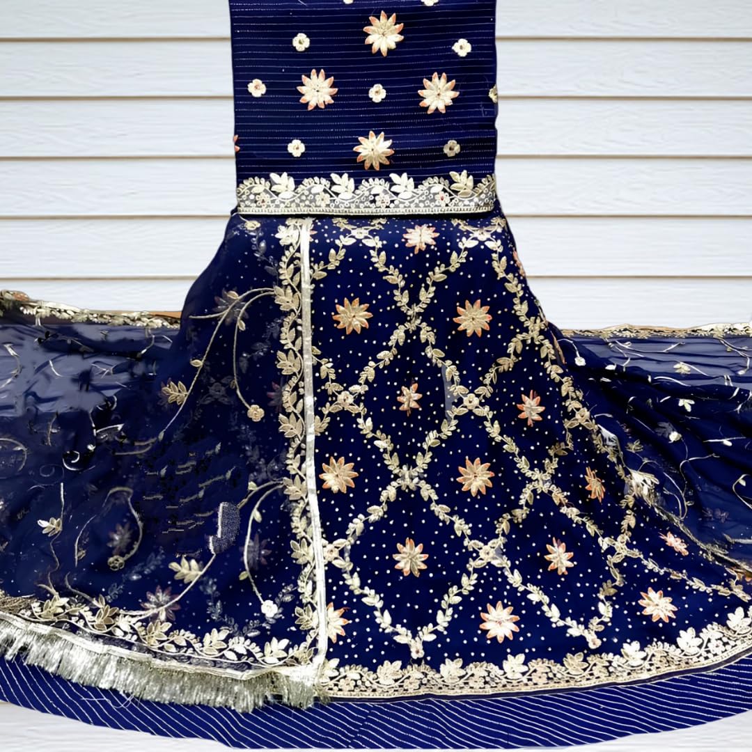 SHYAMLATA Fancy Heavy Embroidery Work Shimmer Silk Semi-stitched Rajputi Poshak For Women Rajasthani Lehenga Choli With Dupatta (Blue E)