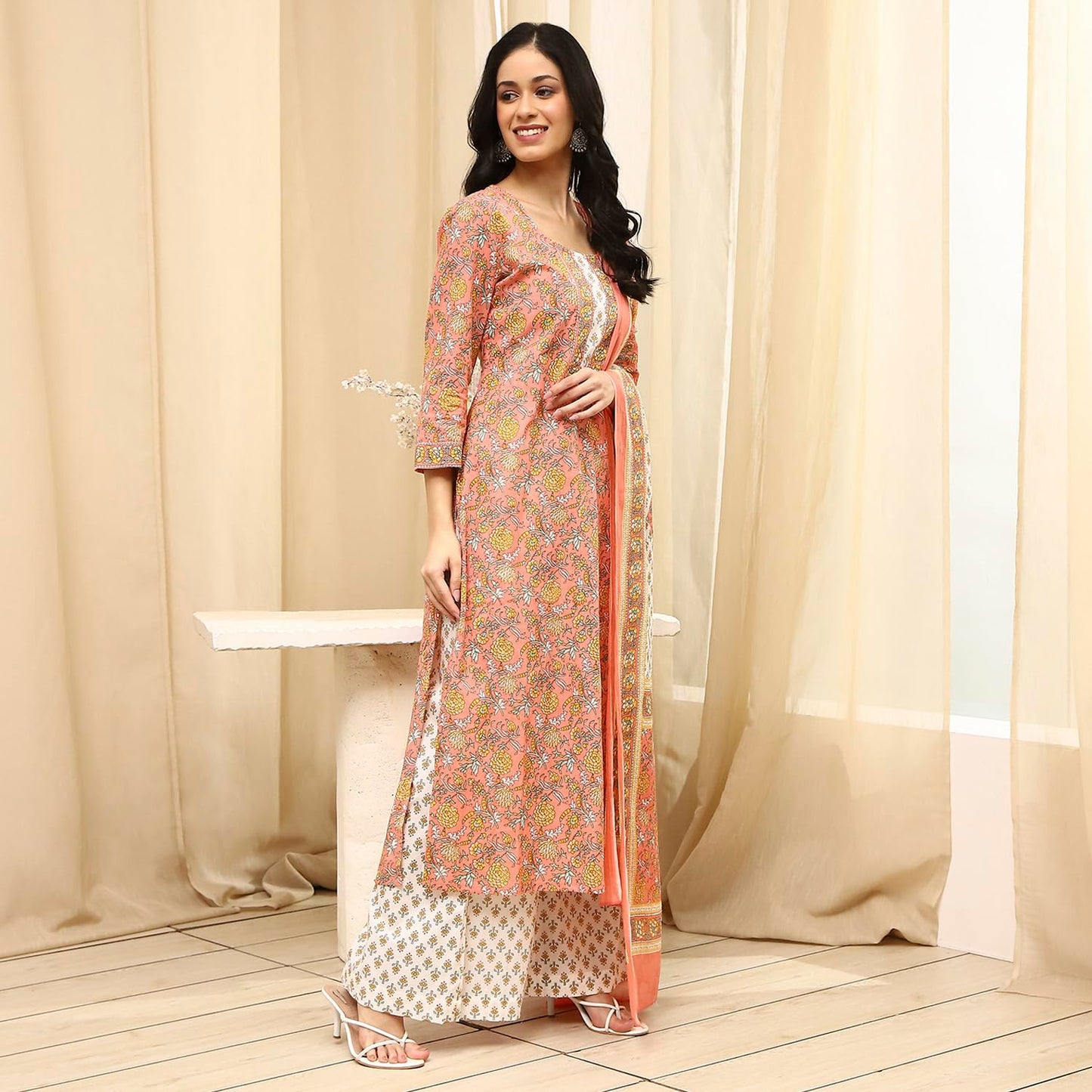 BIBA Women Peach Cotton Screen Print Unstitched Suit Set_FREE SIZE