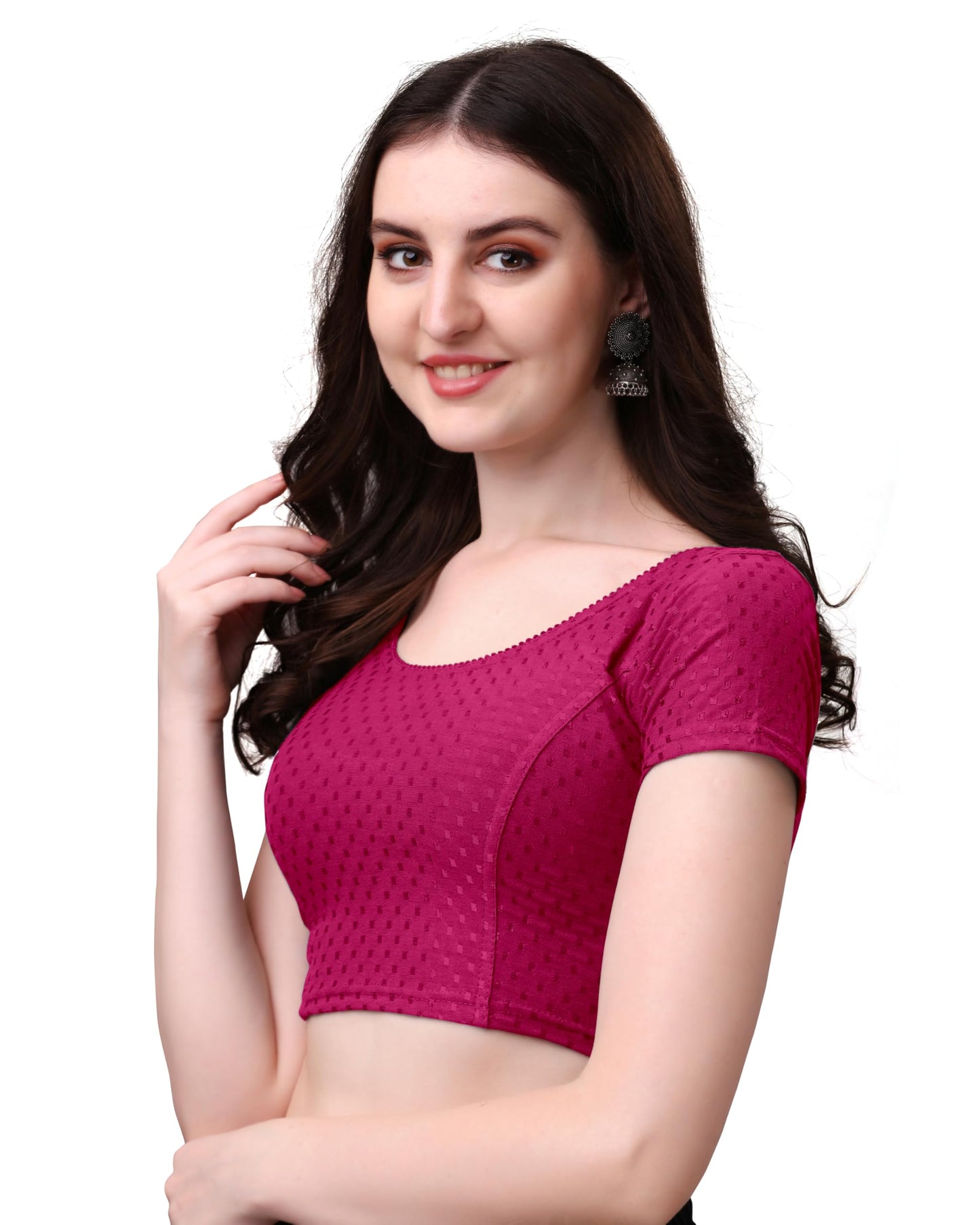 Mogsa Stylish Cotton Saree Blouse for Women | Soft Dobby Stretch Fabric | Round Neck | Stitched Blouse for Party, Casual & Festive Use (Pink, 34)