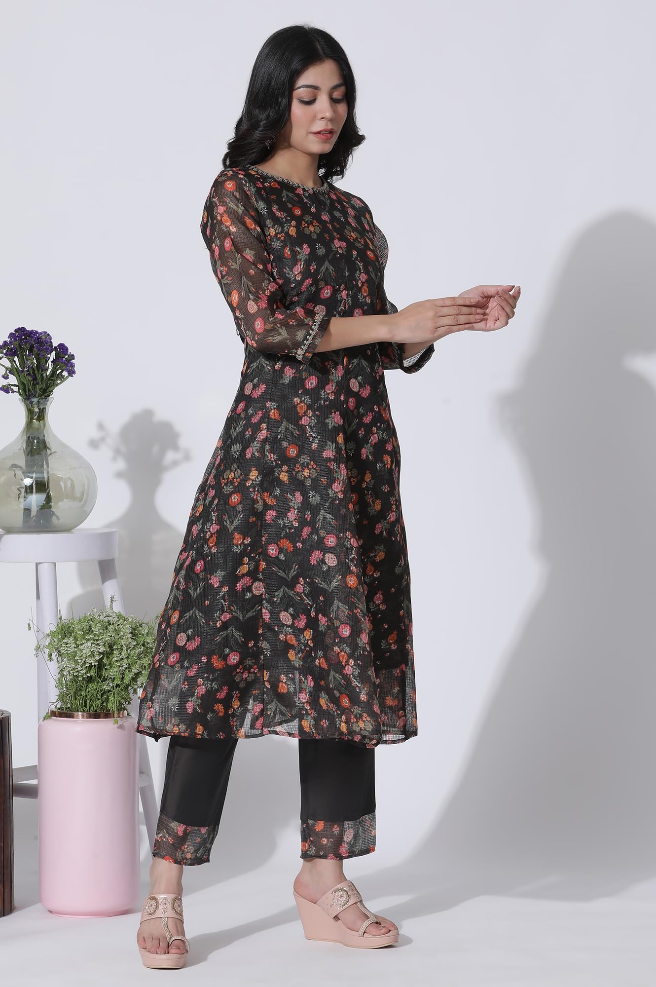 W for Woman Dark Brown Panelled Printed Kota Kurta, Pants and Dupatta Set_24FEWS11022-123350_M