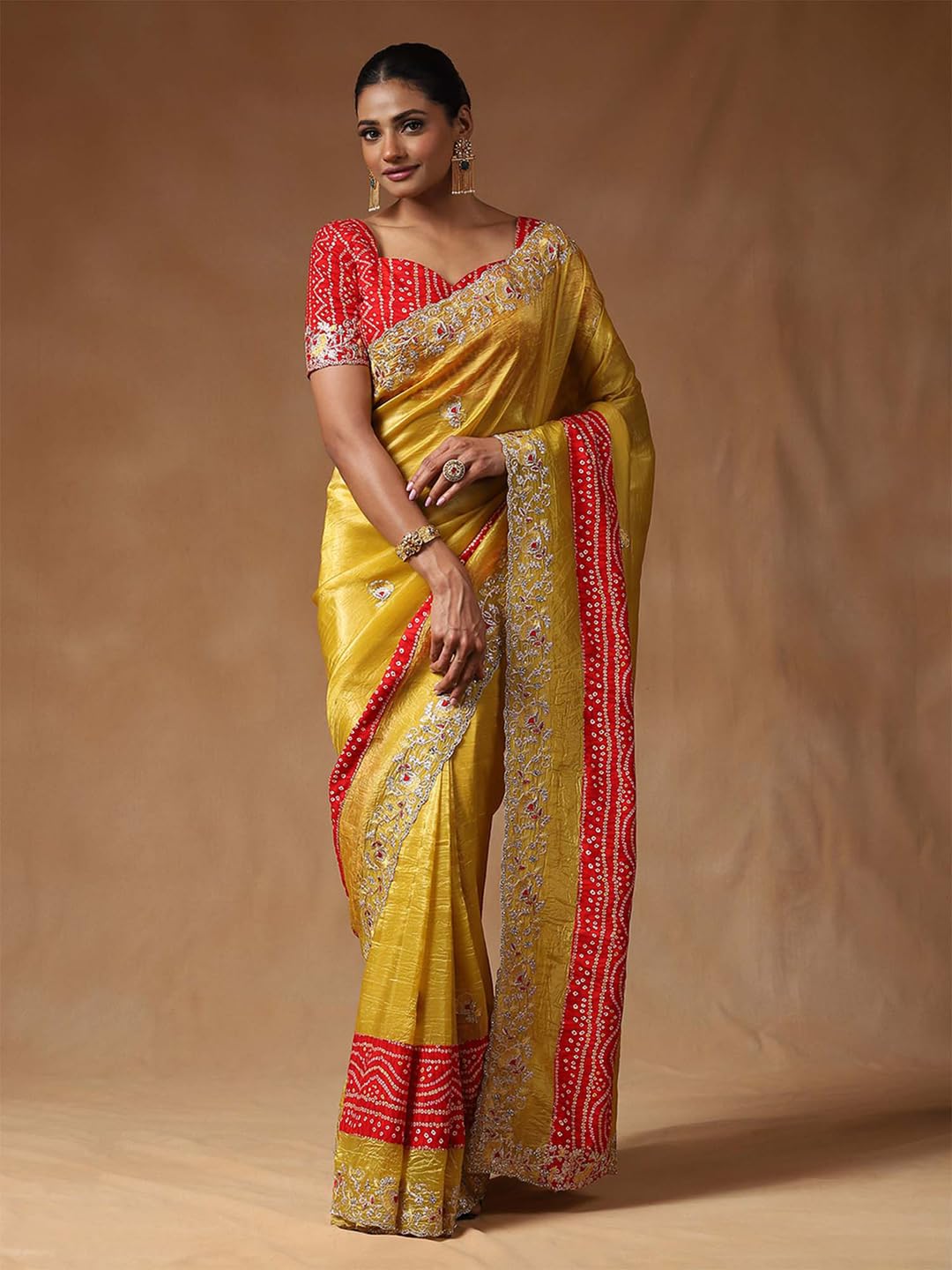 SAREE MALL Women's Yellow Tissue Floral Printed Saree With Unstitched Blouse Piece (ANIKA1601_AG)