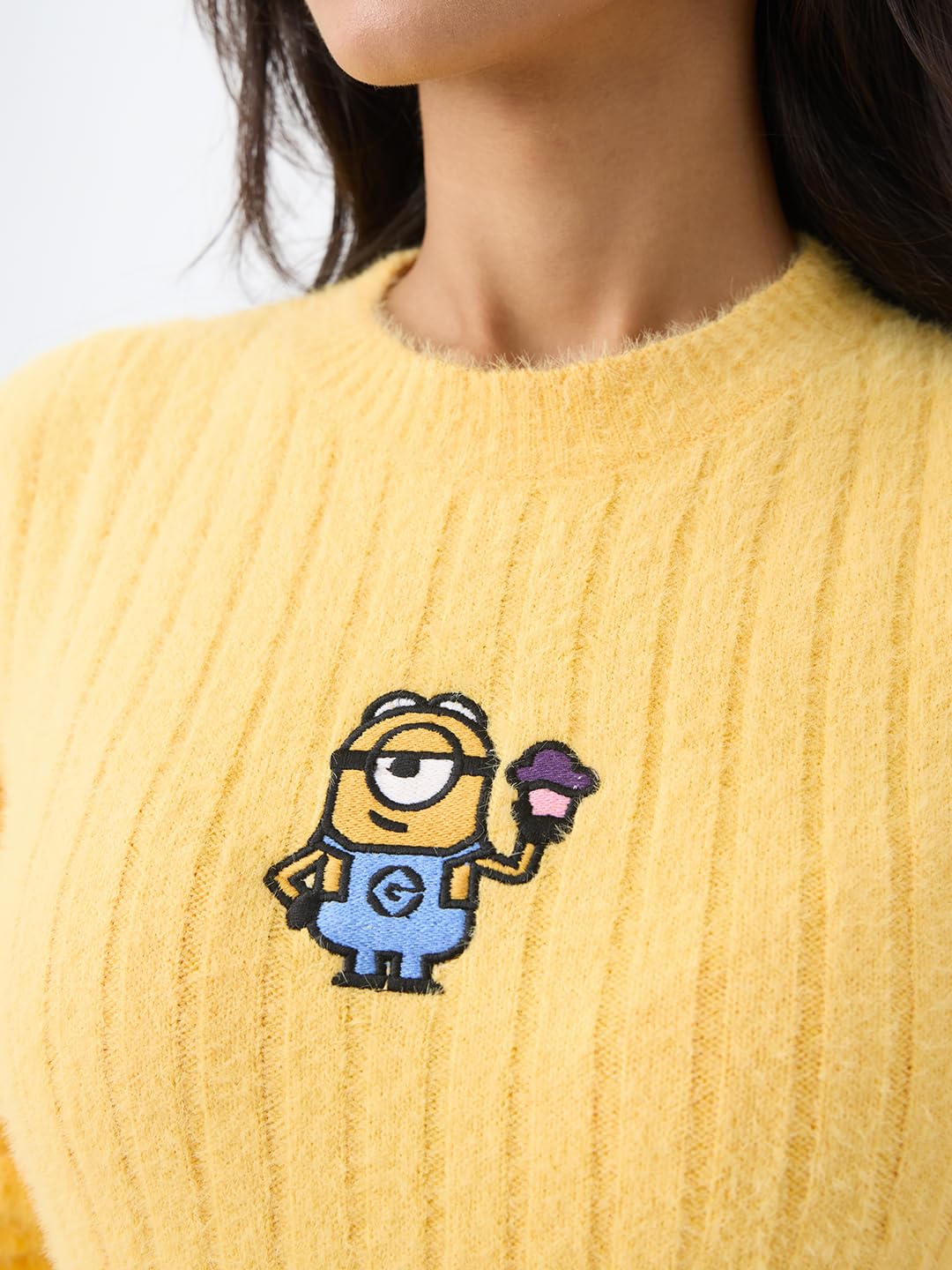 The Souled Store Minions: Dave Women and Girls Long Sleeves Round Neck Bright Yellow Ribbed Knit Embroidered Acrylic Nylon Blend Regular Fit Casual Winter Sweater