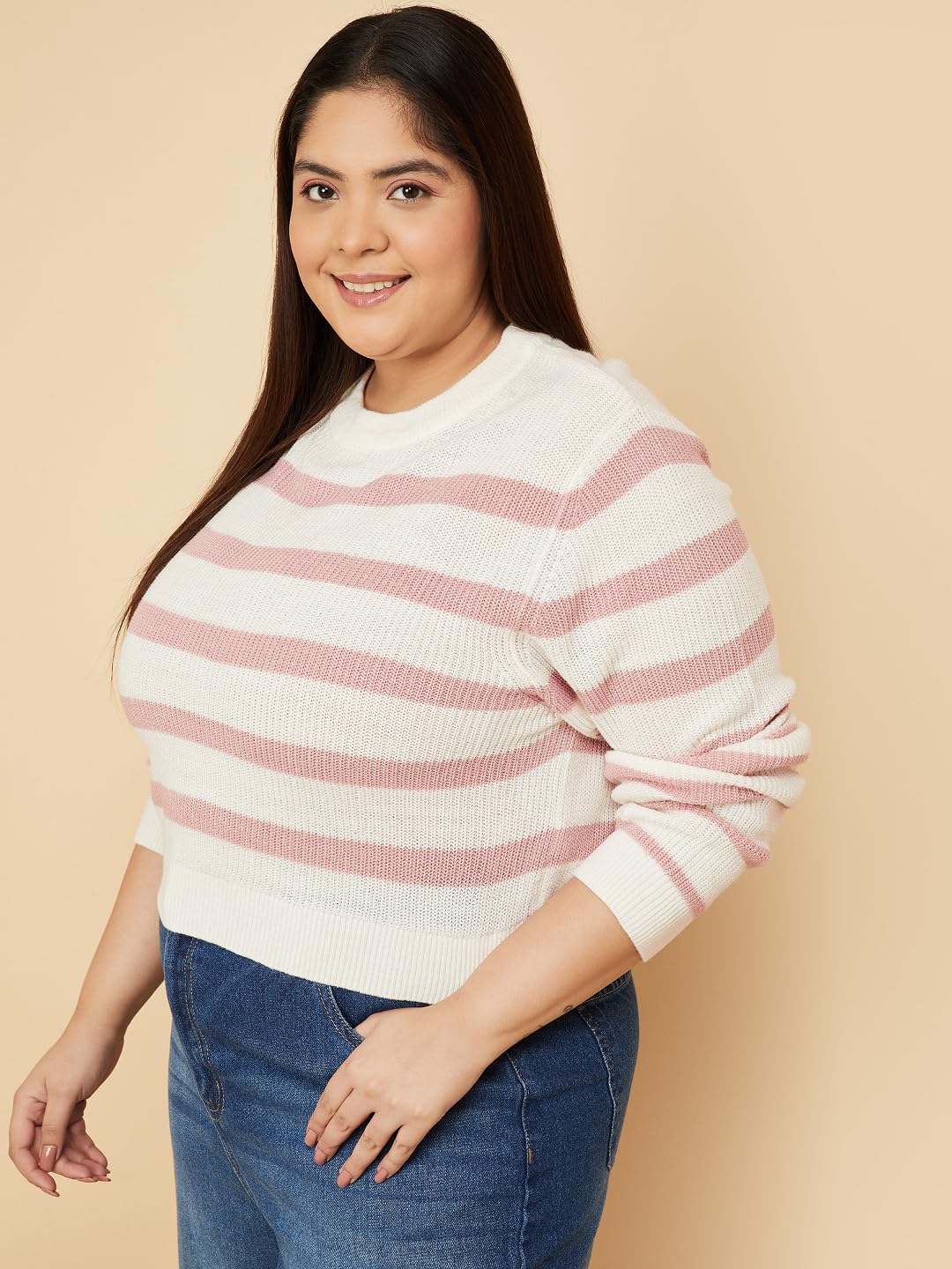 Max Women Striped Sweater (Off White_3XL)