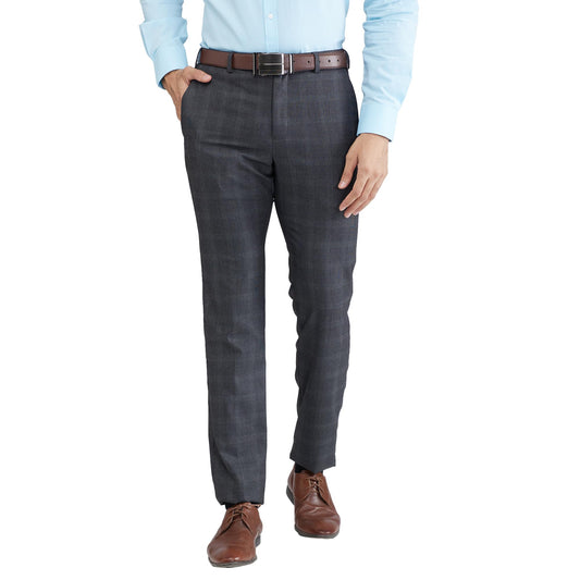 Raymond Men's Slim Fit Formal Trousers, Poly Viscose Blend, Checked Pattern, Flat Front | Dark Grey