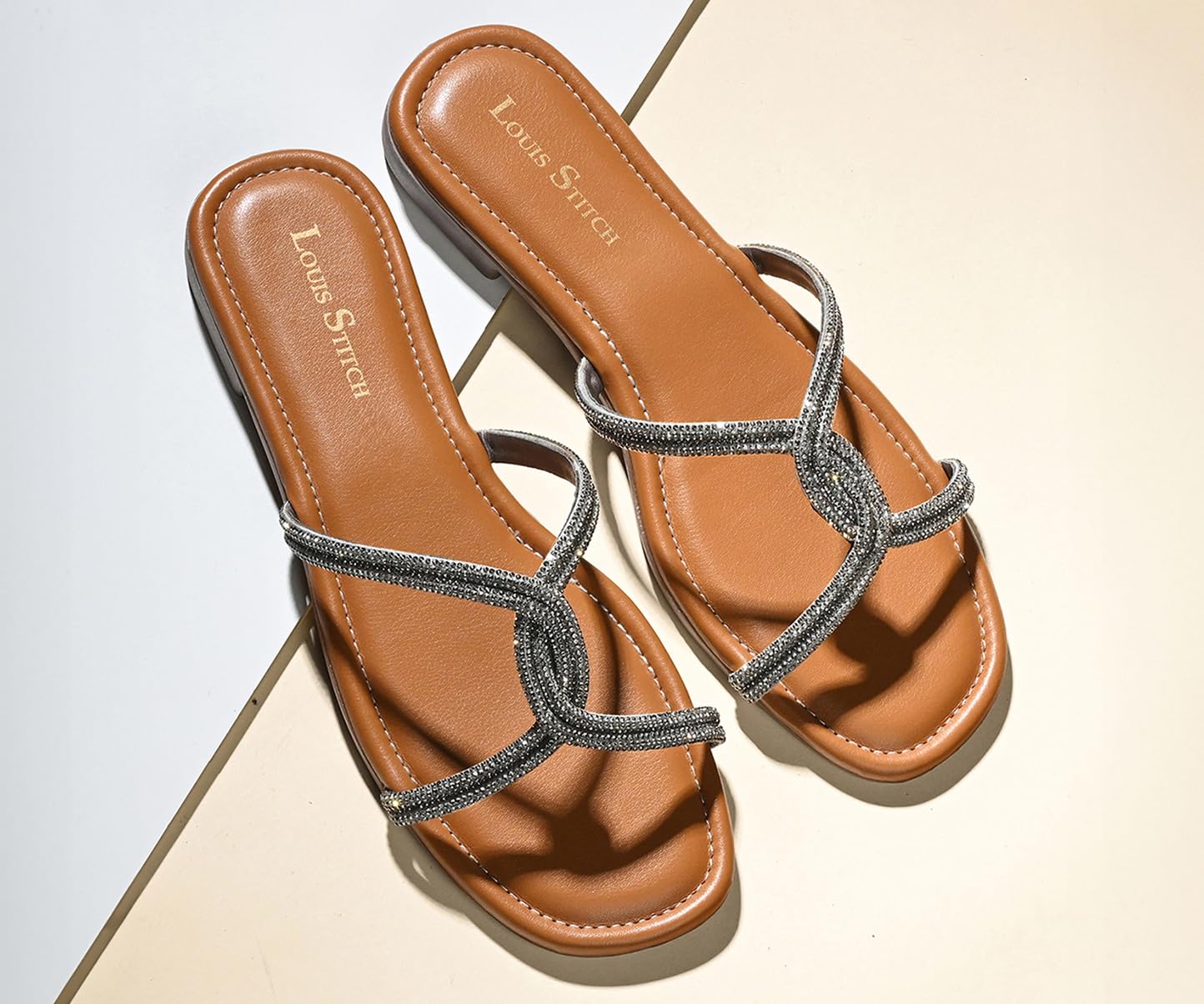 LOUIS STITCH Women’s Fashion Flat Tan Slip-On Sandals | Open Toe Silver Cross Strap Flat Slipper for Ladies | LSOF-LDSL-CRCSGM| (UK-7)