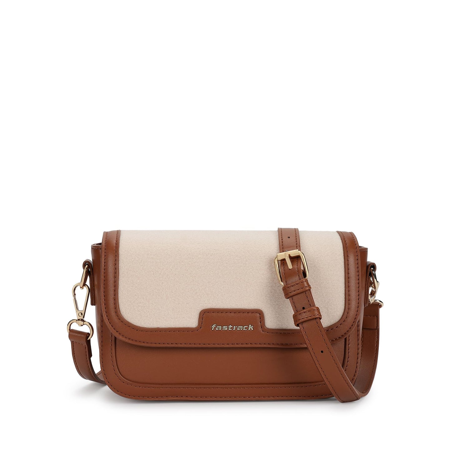 Fastrack Sherpa-Panel Sling Bag for Women | Faux Leather Crossbody with Zipper Closure, Gold Hardware and Detachable Strap | Compact Textured Bag for Casual and Evening Outfits