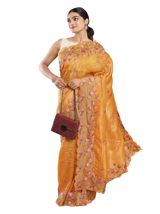 Kalyan Silks Dark Mustard Yellow Crush Organza Saree With Embroidery All Over Design