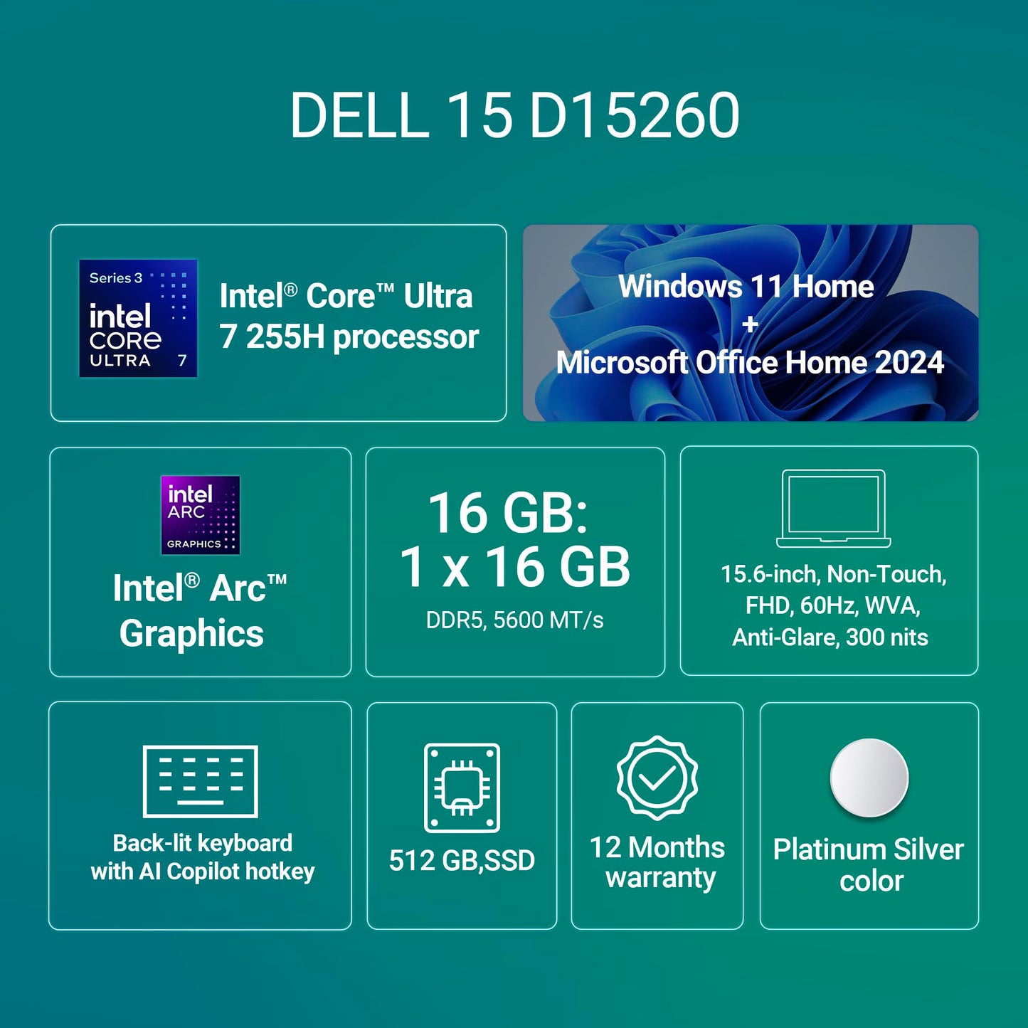 Dell 15 Ai Powered Laptop, Intel Core Ultra 7 255H, 16GB DDR5 RAM, 512GB SSD, 15.6" FHD Anti-Glare Display, Intel Arc Graphics, Backlit Keyboard, Dedicated Copilot Key, Silver, Win11 Home + MSO H&S'24