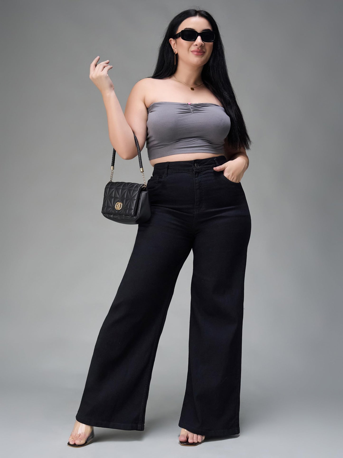 Miss Chase A+ Women's Wide Leg High Rise Regular-Length Stretchable Denim Jeans (APSS23DEN12-53-884-30, Hematite Black, 30)