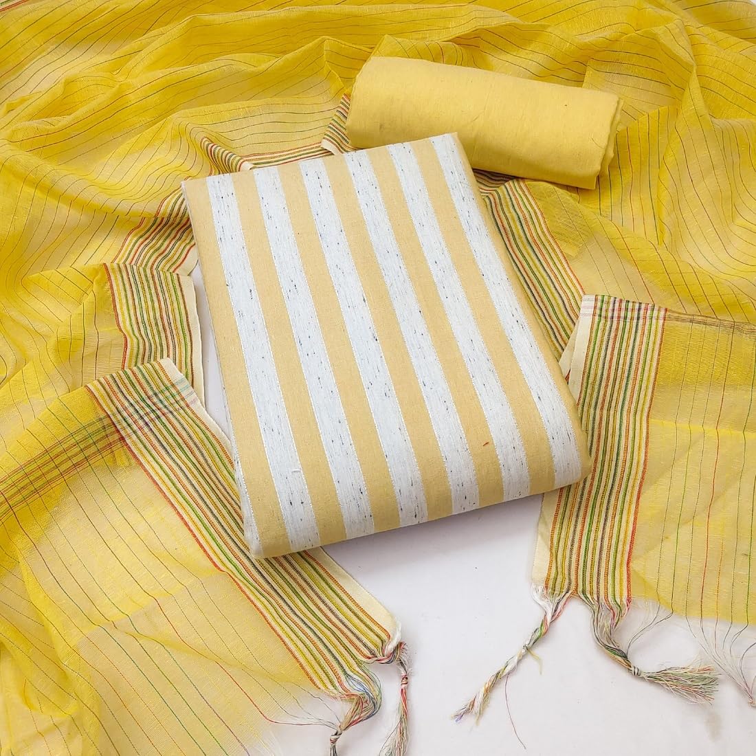 Pandadi Saree Women's Yellow Cotton Jacquard Linning Work Unstitched Salwar Suit Dress Material