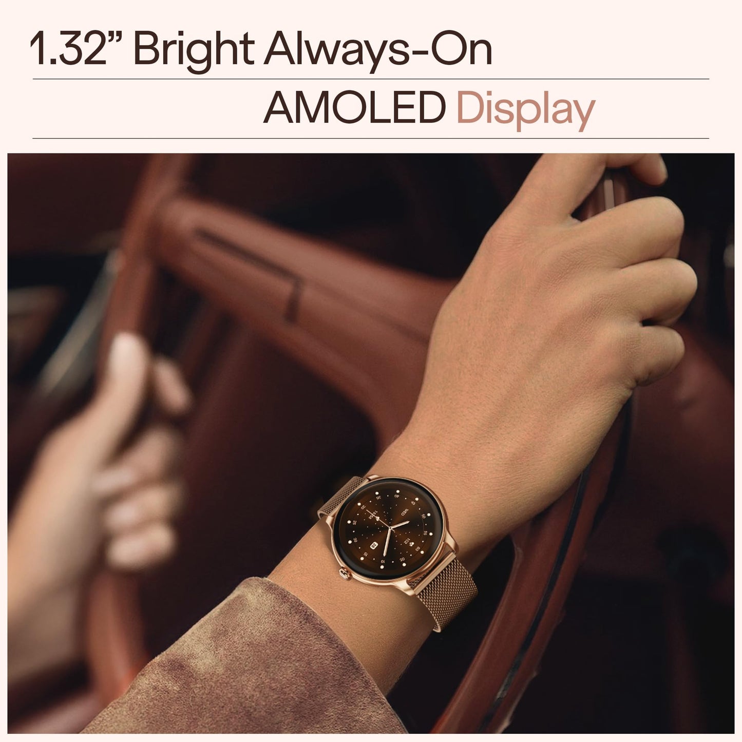 Boat Chrome Iris Fashion Smart Watch for Women - Elegant Ultra-Sleek Dial, Light-Weight Metal Body, 1.32" AMOLED Display, 1000 Nits, AOD, Female Wellness Tracking Watch for Woman (Metal Gold)
